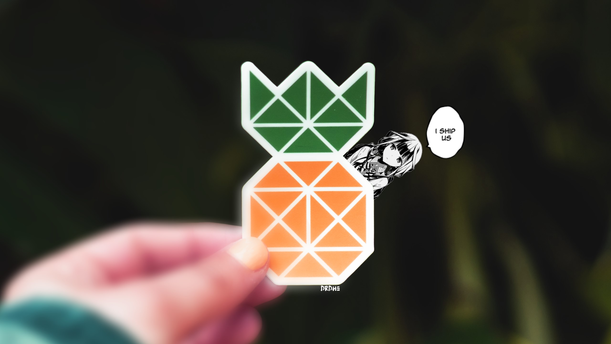 Anime girl peeking from behind a pineapple sticker HD Wallpaper