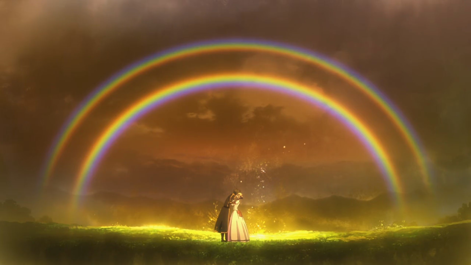 Anime couple embracing under a double rainbow HD Wallpaper