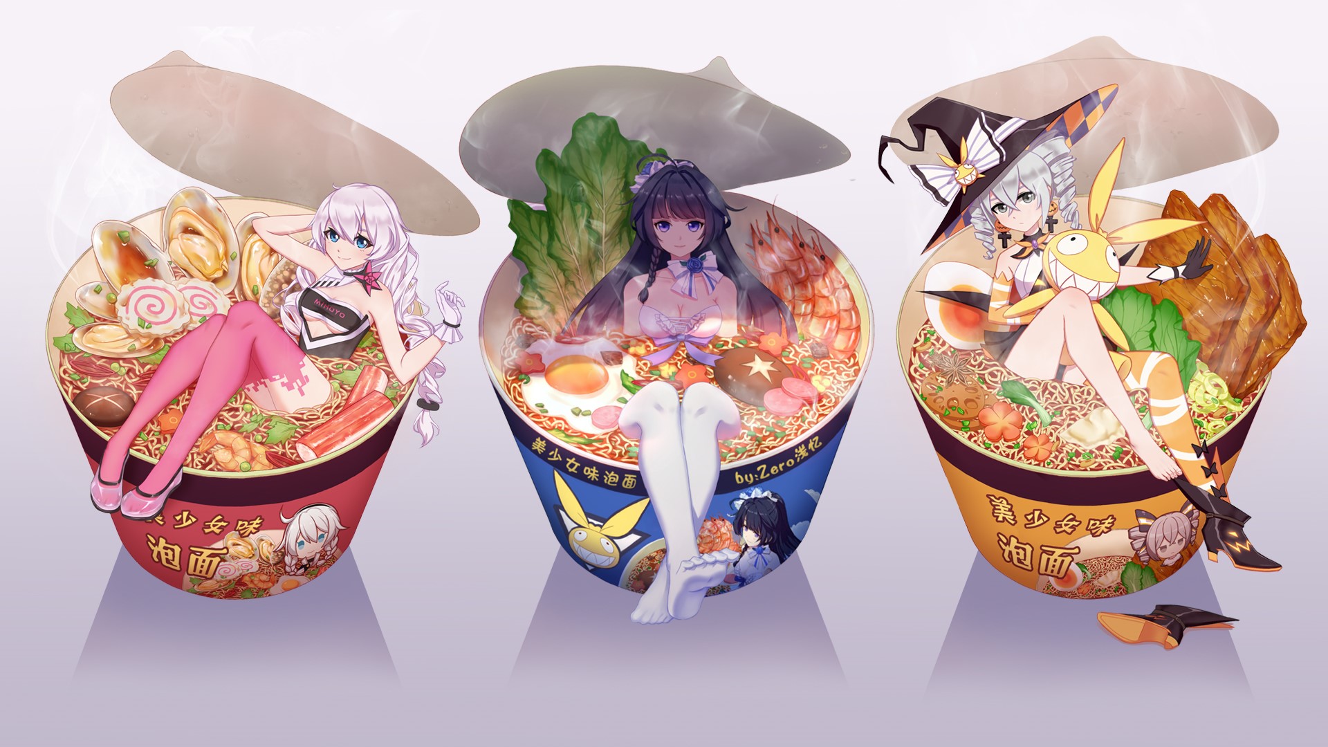 Anime girls in ramen cups HD Wallpaper
