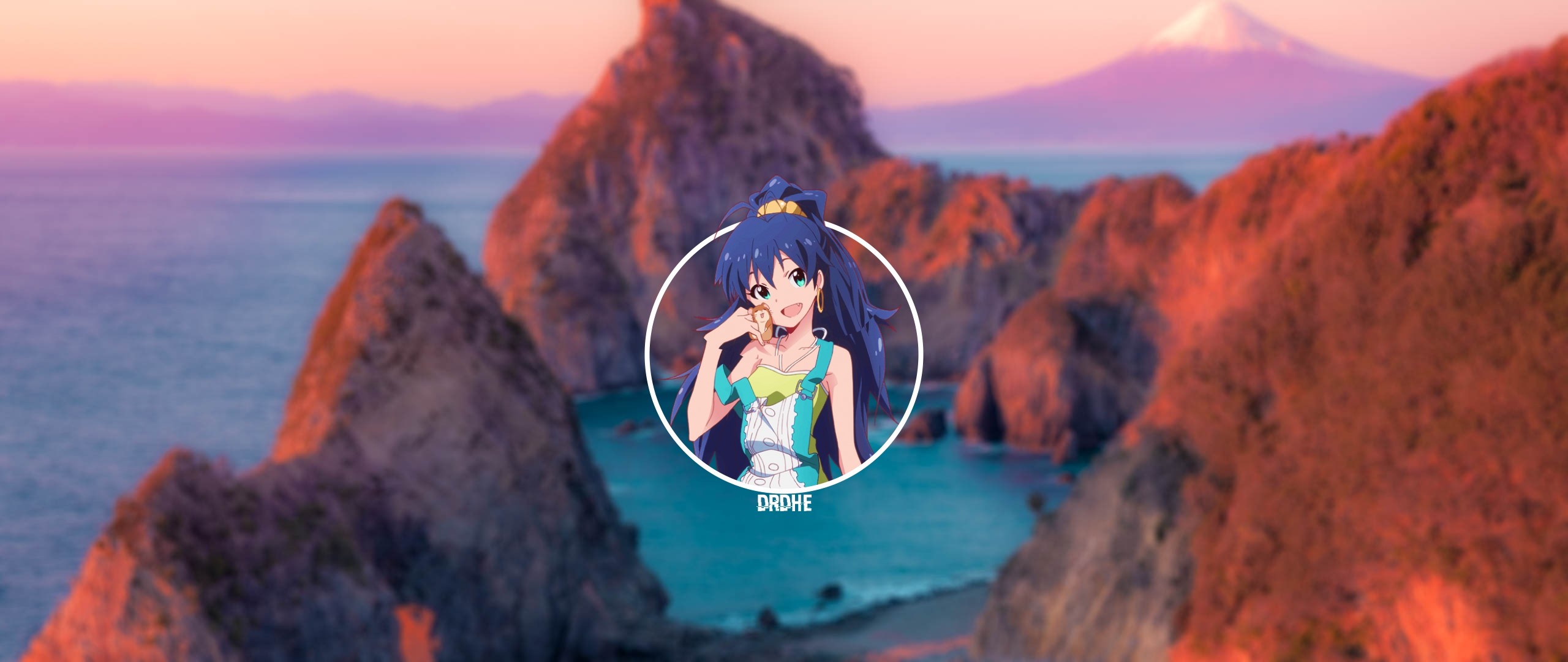 Anime girl with blue hair in a circle with mountains and ocean background HD Wallpaper