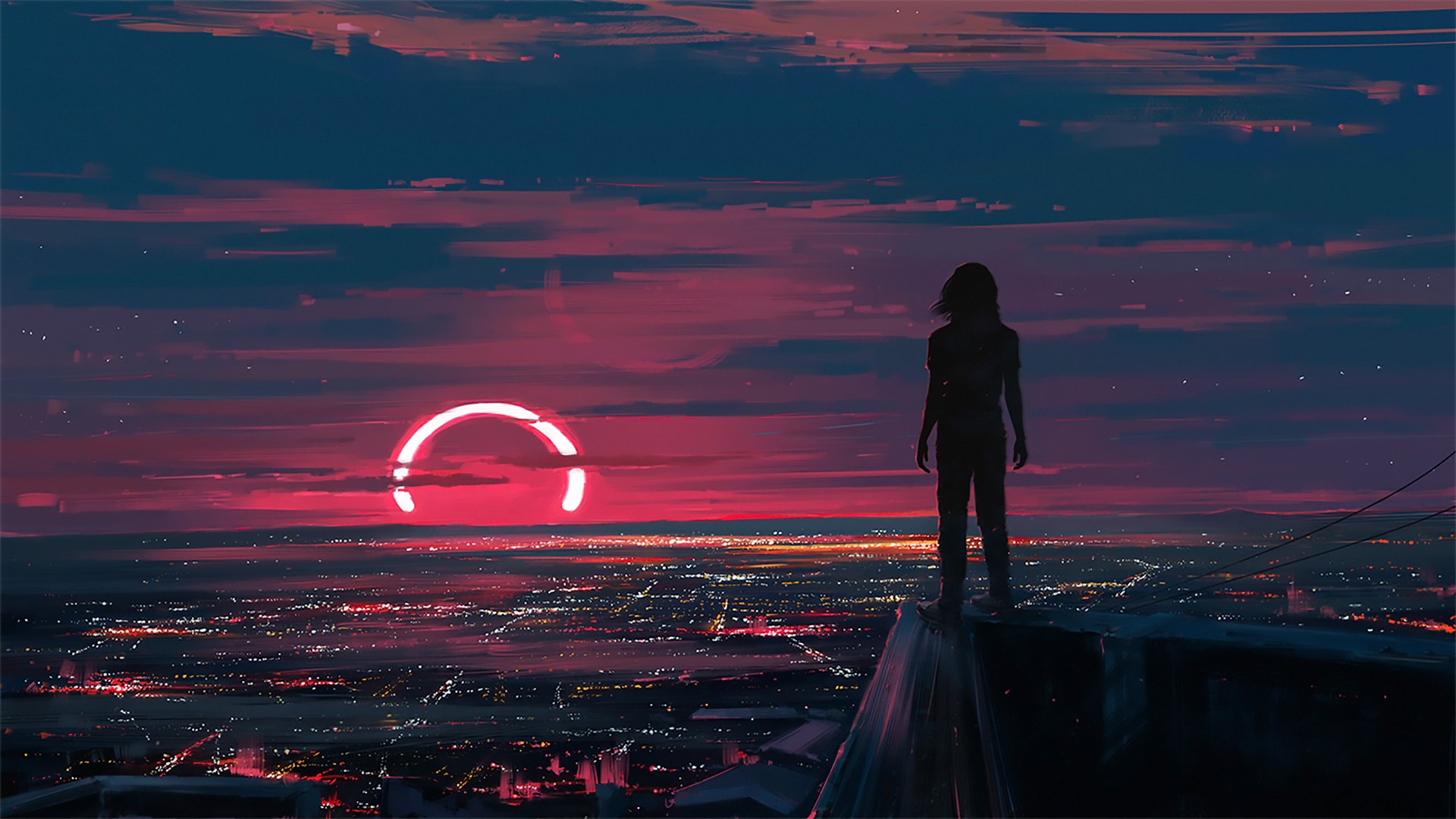 Girl watching a ring-shaped eclipse over a city at sunset HD Wallpaper
