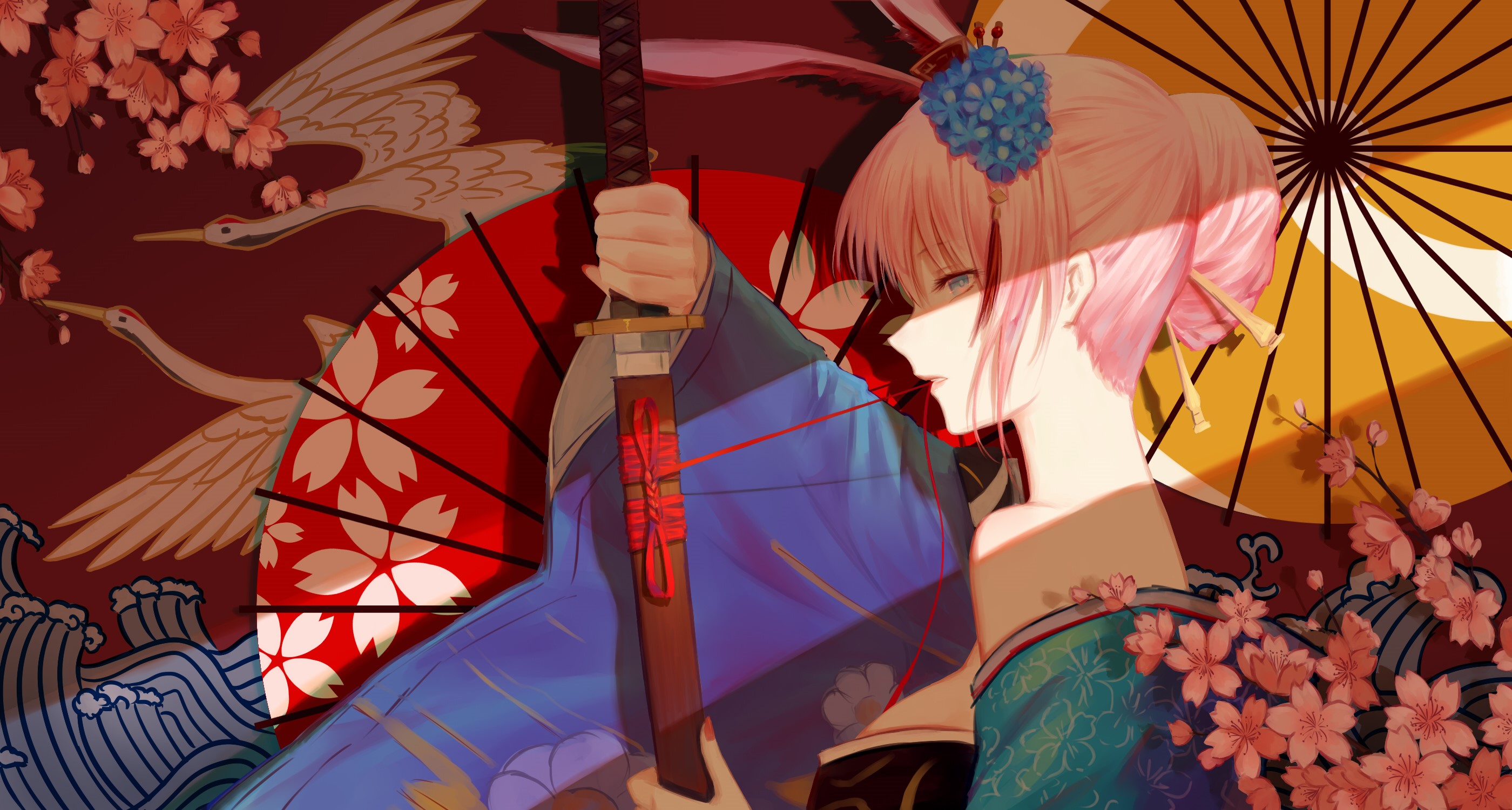 Anime girl with pink hair and bunny ears holding a katana HD Wallpaper