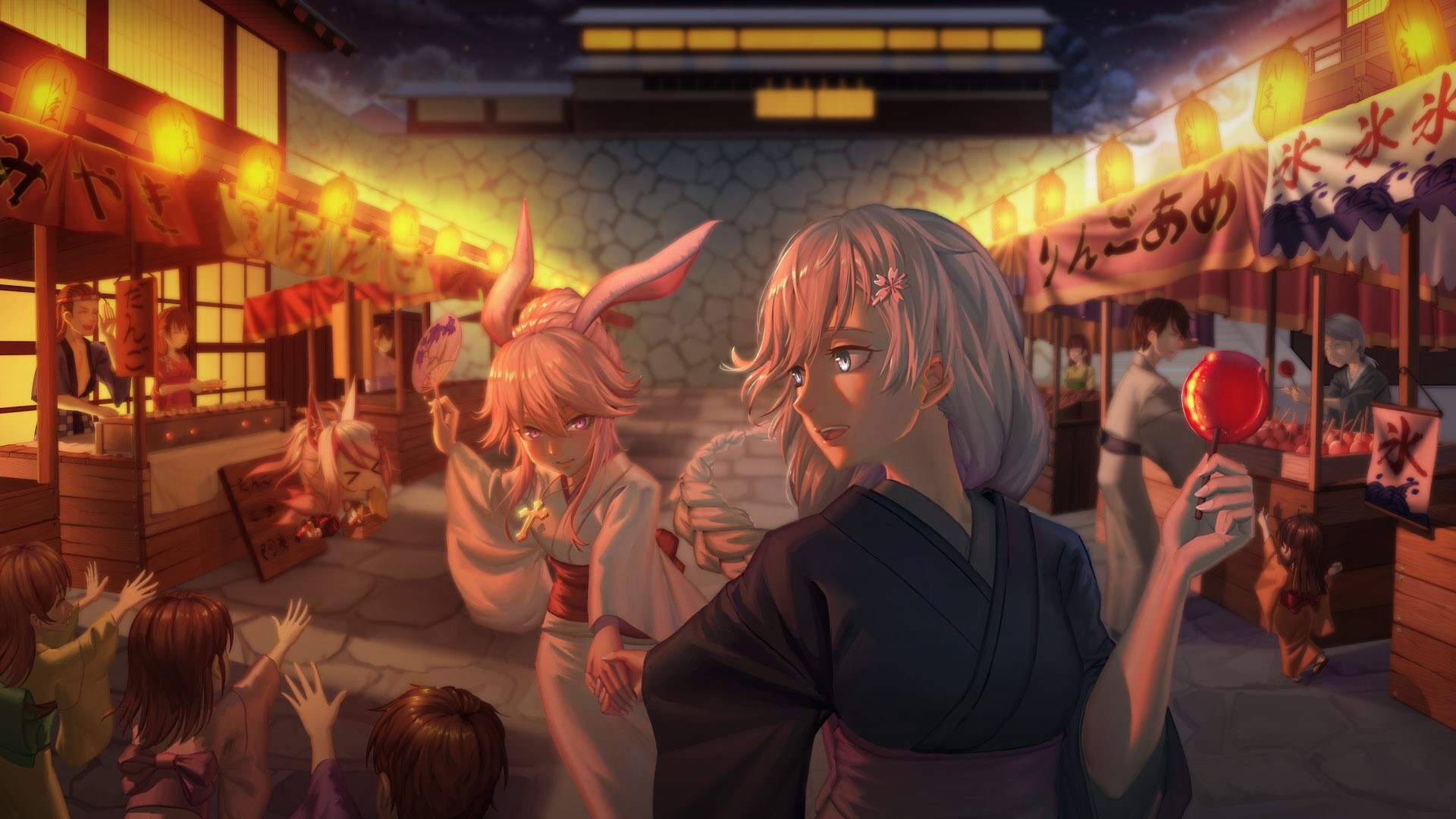 Anime girls at a Japanese festival with stalls HD Wallpaper