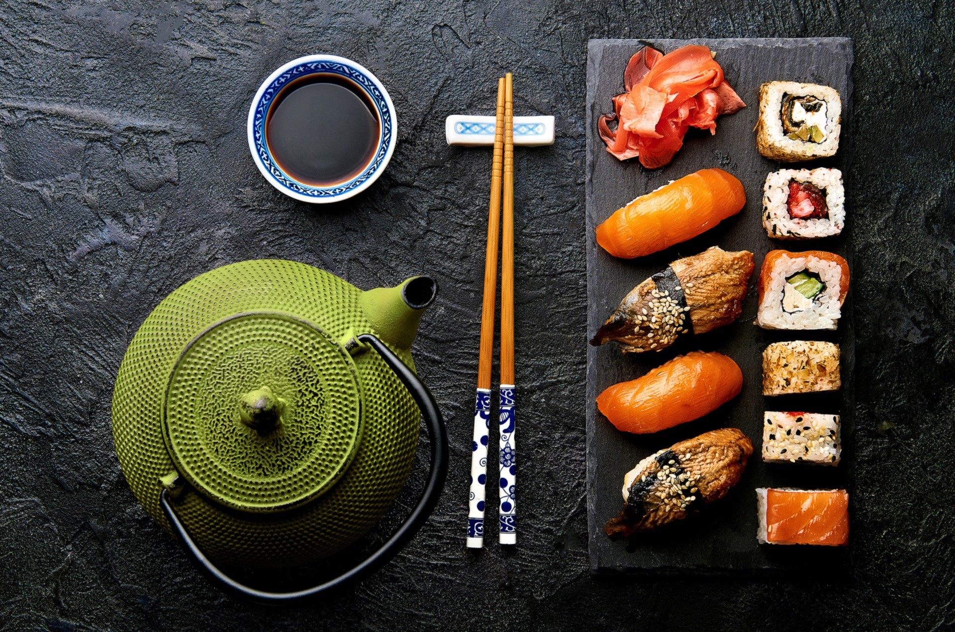 Sushi, Soy Sauce, and Green Teapot Still Life HD Wallpaper