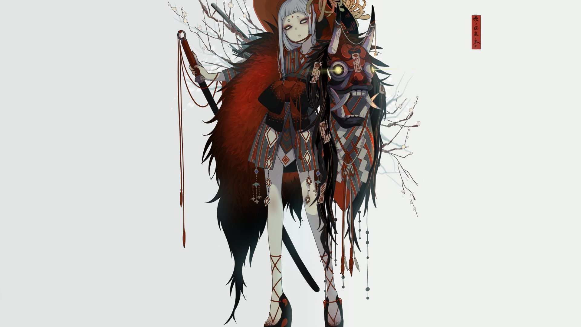 Anime girl with Oni mask and sword HD Wallpaper