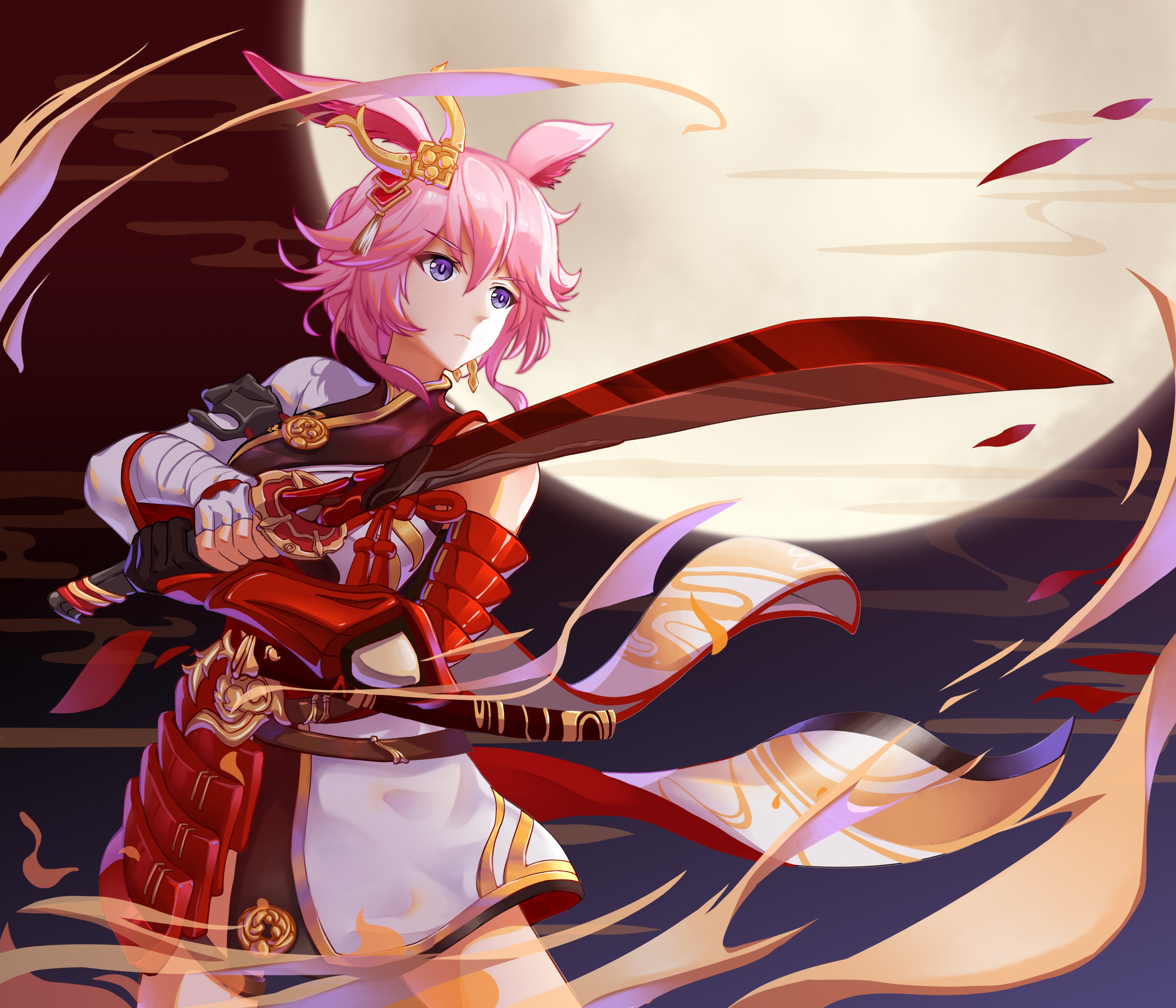 Anime girl with pink hair and cat ears holding a sword HD Wallpaper