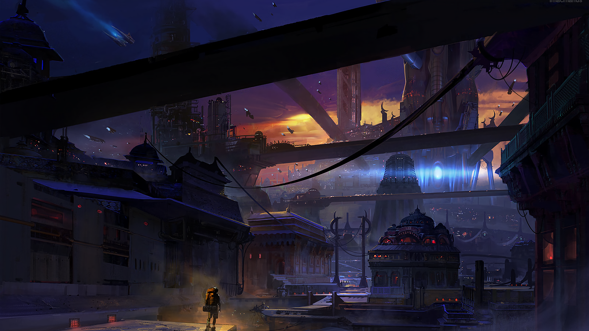 Futuristic city with traditional architecture at sunset HD Wallpaper