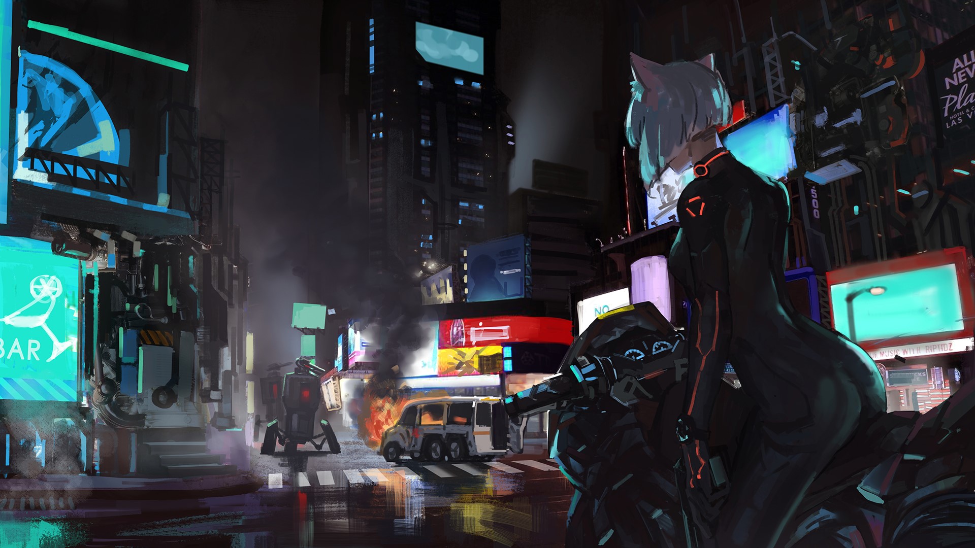 Cyberpunk city with a cat-eared person on a motorcycle HD Wallpaper