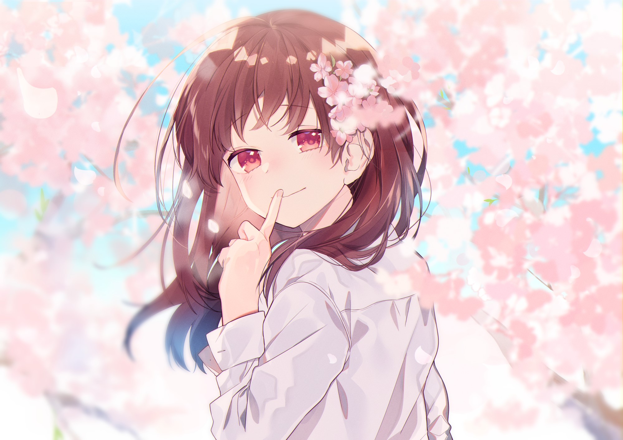 Anime girl with pink eyes and flowers in hair HD Wallpaper