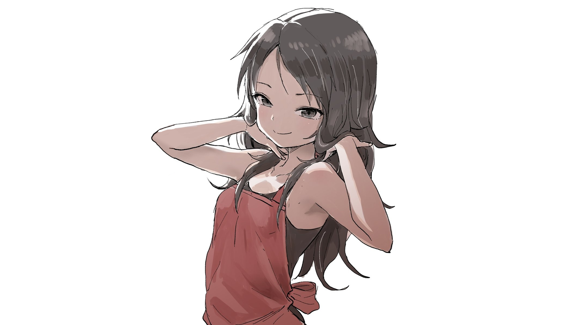 Anime girl with brown hair wearing a red apron HD Wallpaper