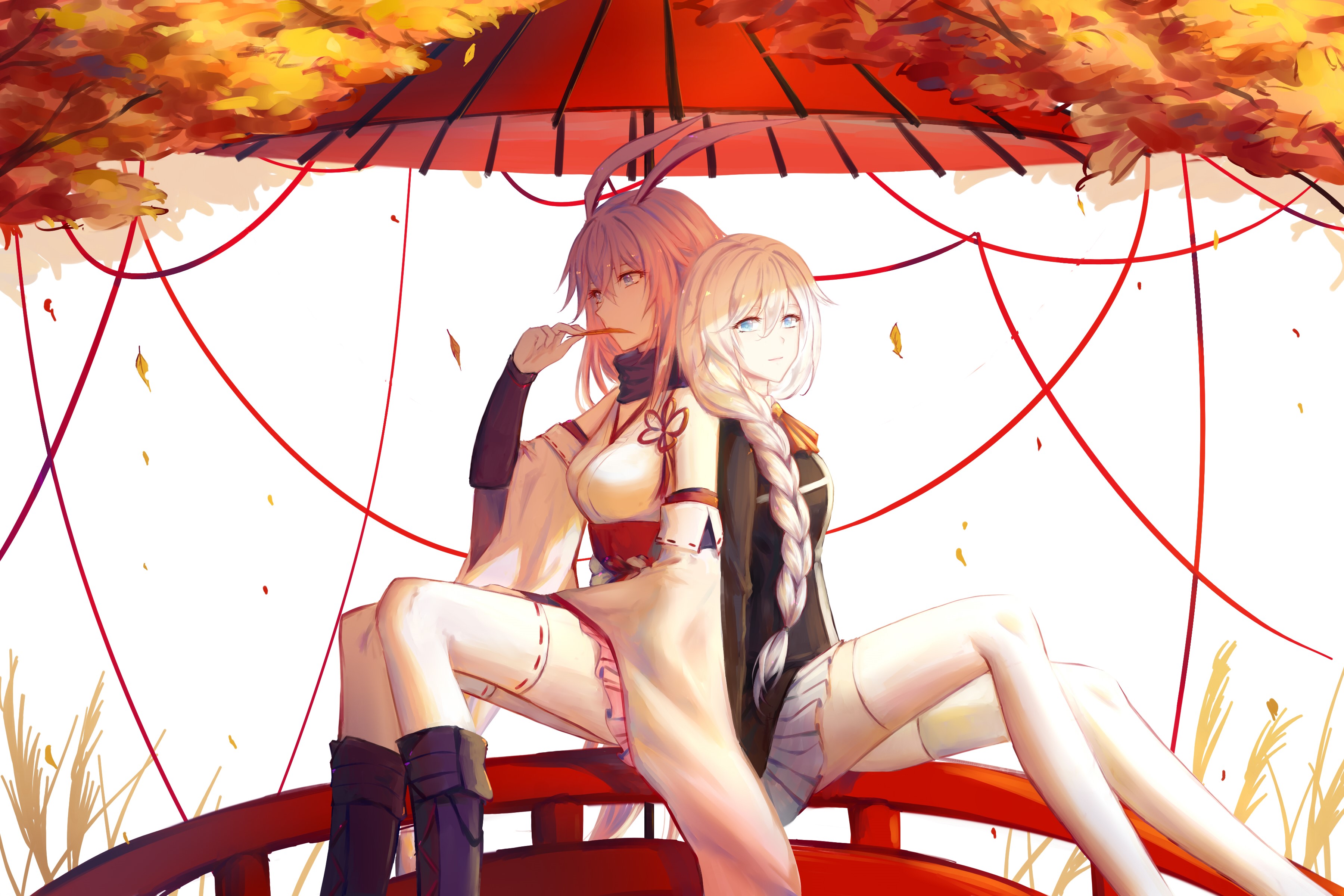 Two anime girls under a red umbrella in autumn HD Wallpaper