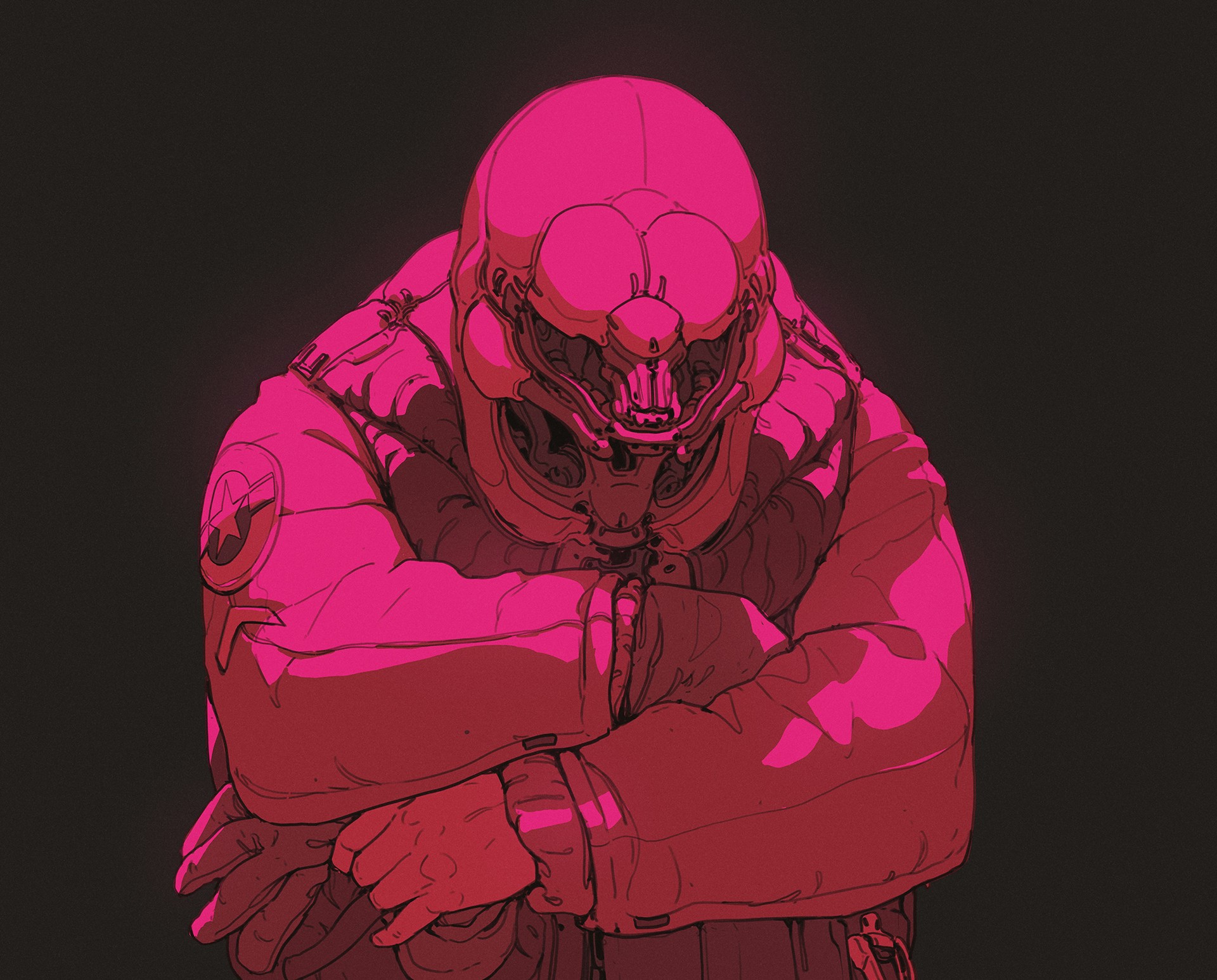 Cyberpunk character in pink armor with arms crossed HD Wallpaper