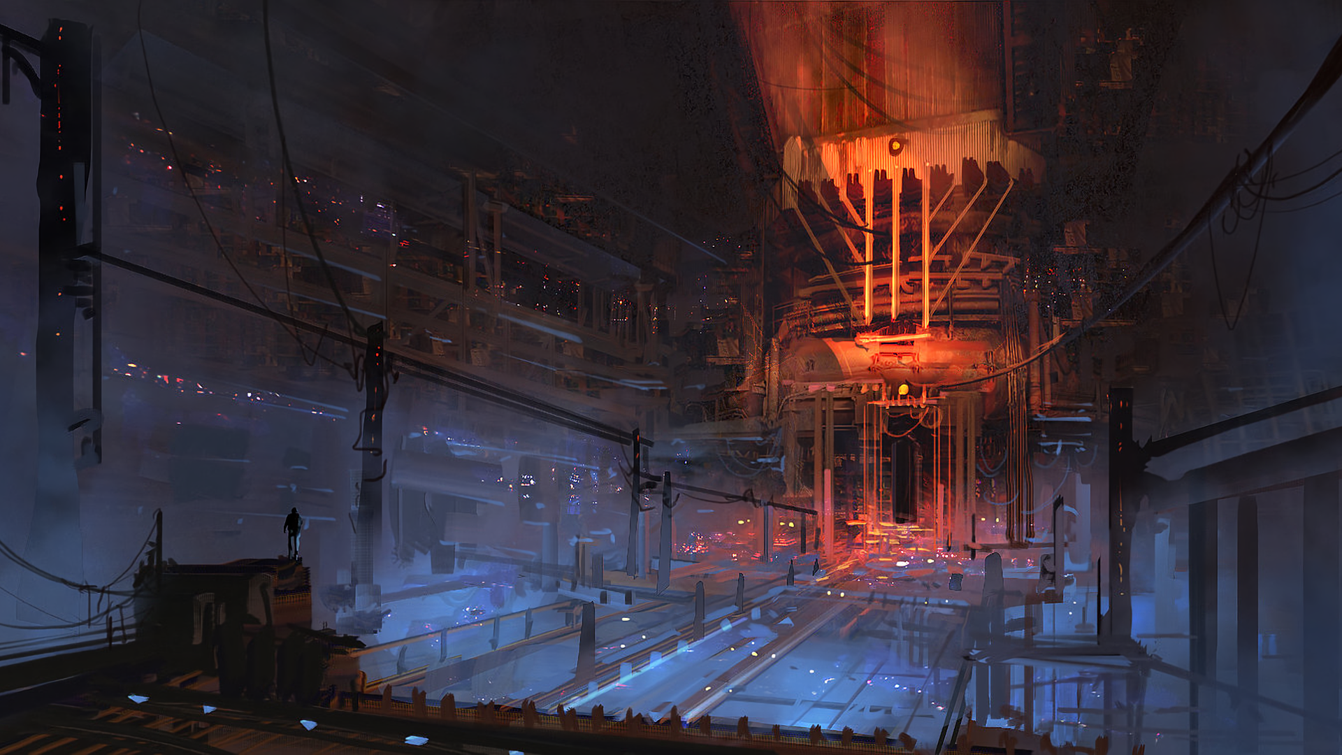 Industrial interior at night with glowing lights HD Wallpaper