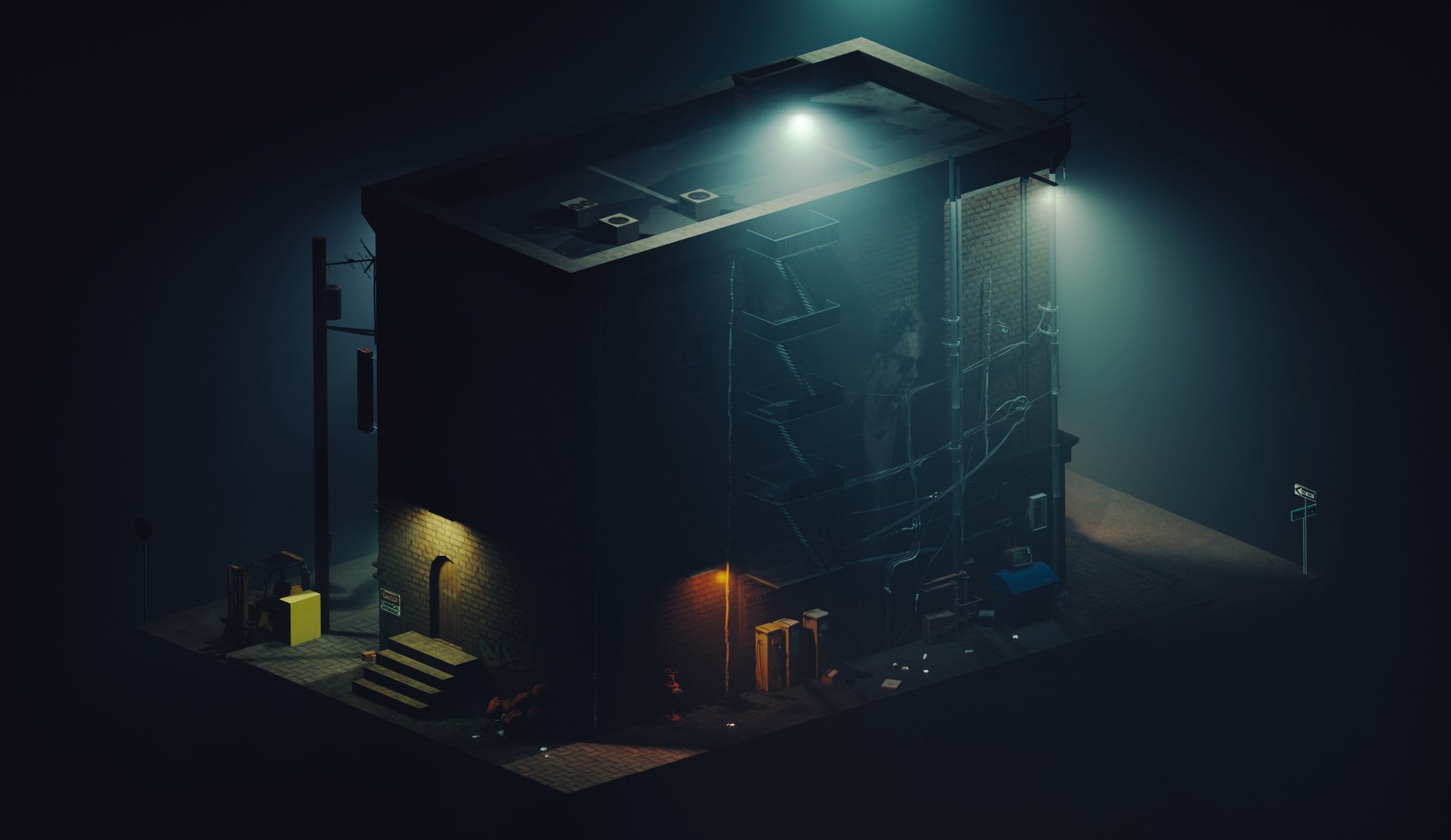 Isometric building at night with streetlights HD Wallpaper