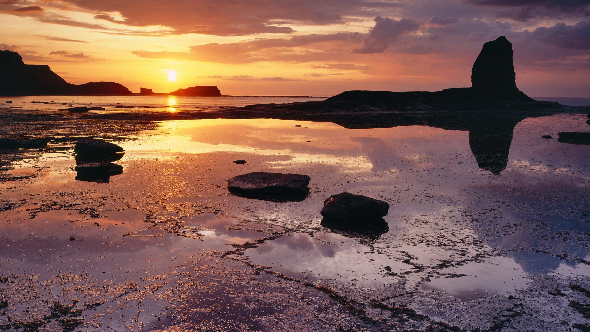 Sunset over rocky coast with tide pools HD Wallpaper
