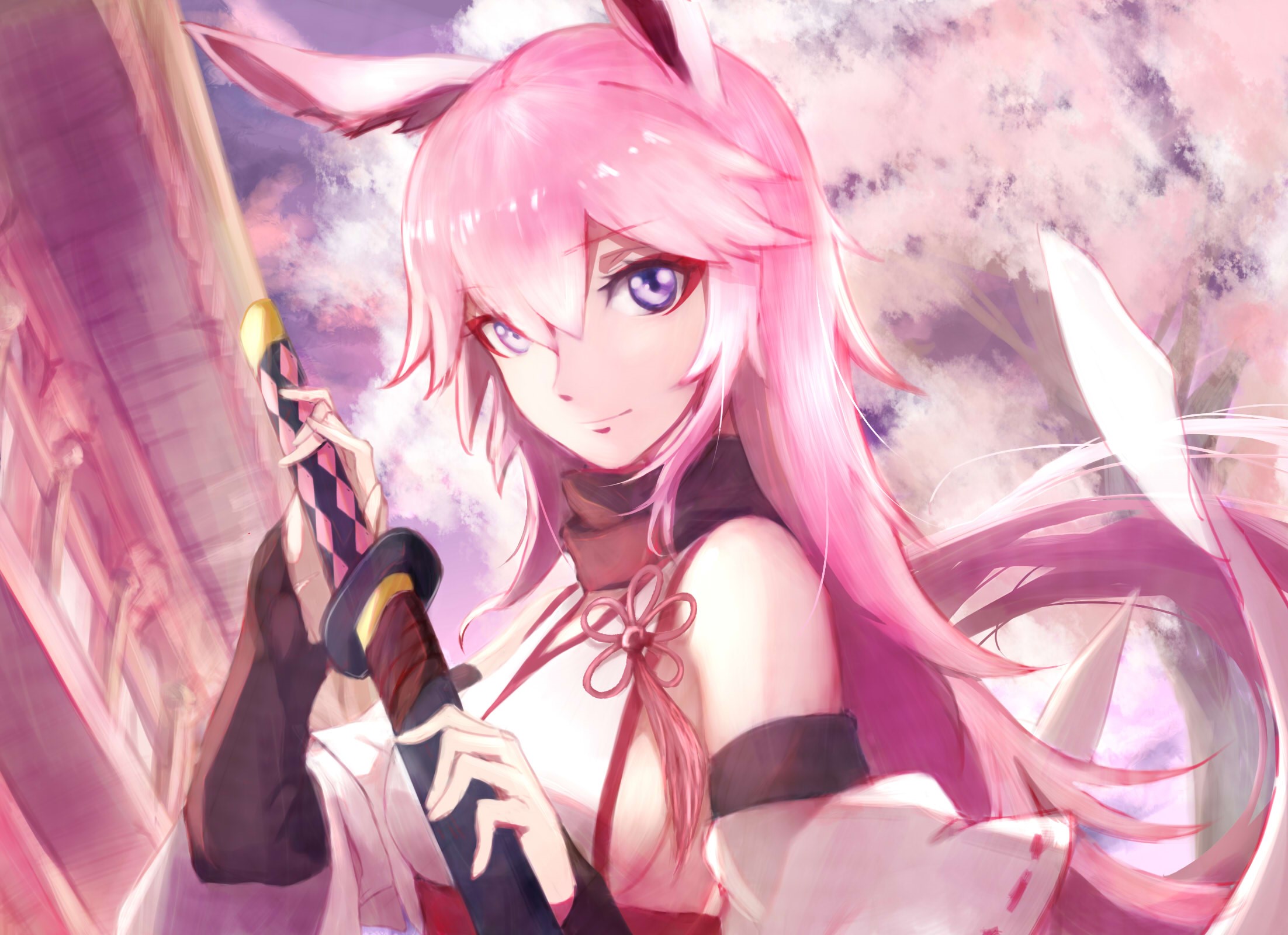 Yae Sakura from Honkai Impact with a sword HD Wallpaper