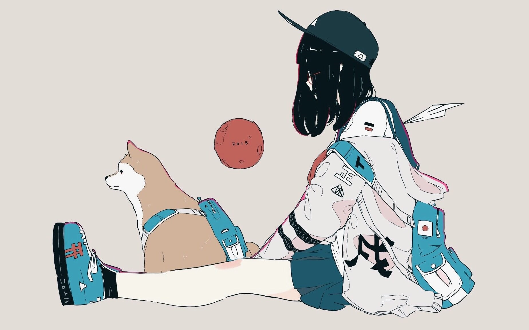 Girl with dog and backpacks, red planet HD Wallpaper