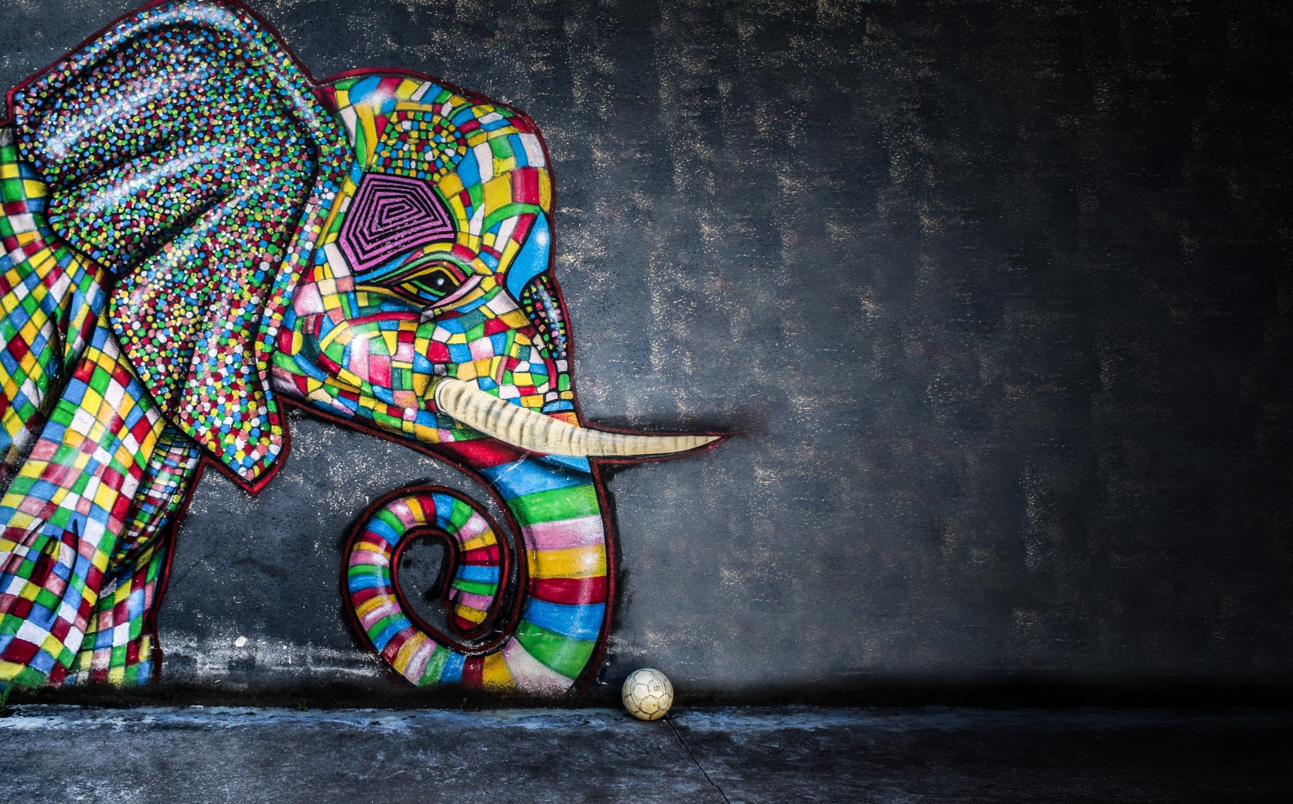 Colorful mosaic elephant artwork with a ball HD Wallpaper