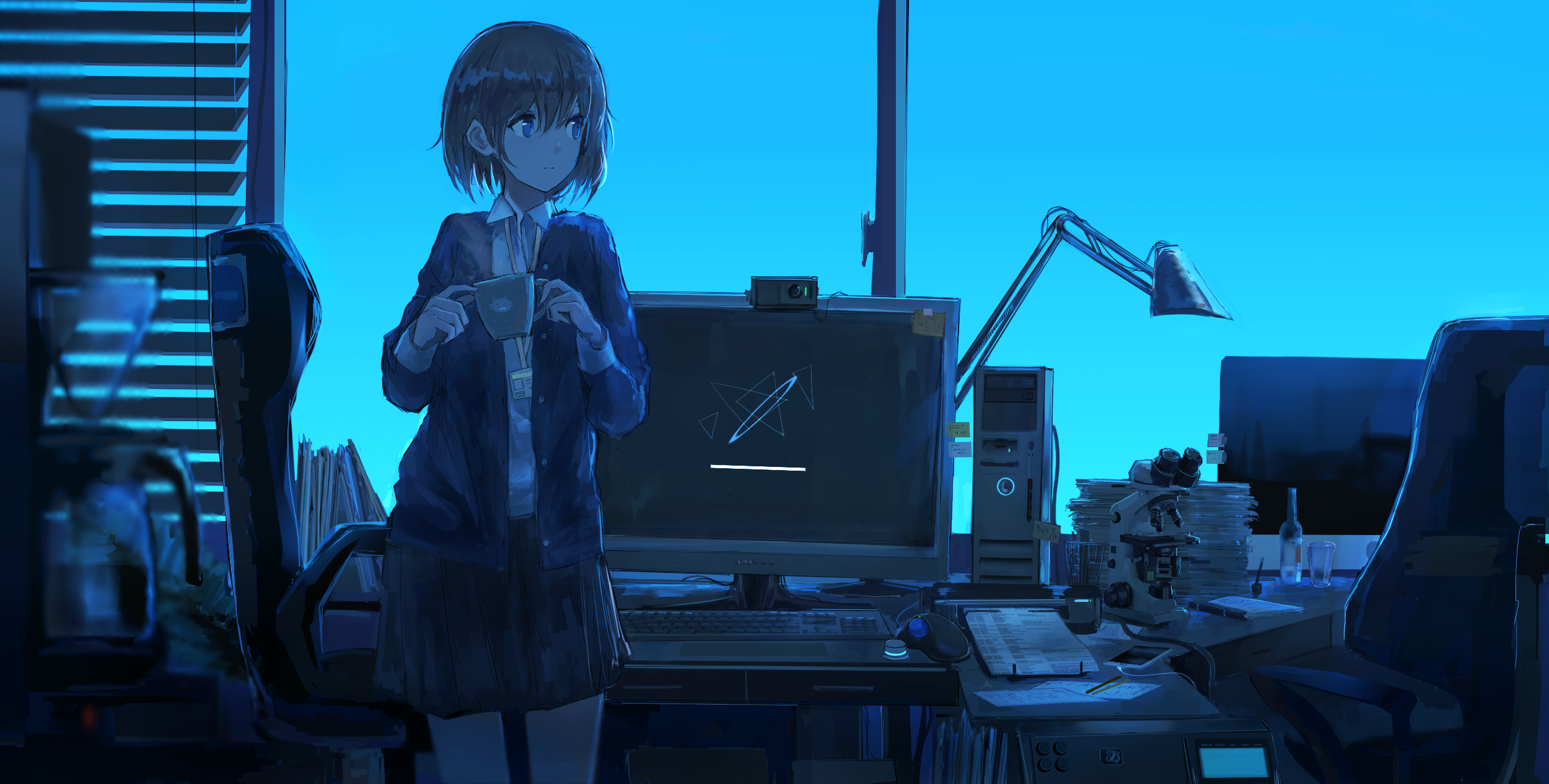 Anime girl in office holding a cup HD Wallpaper