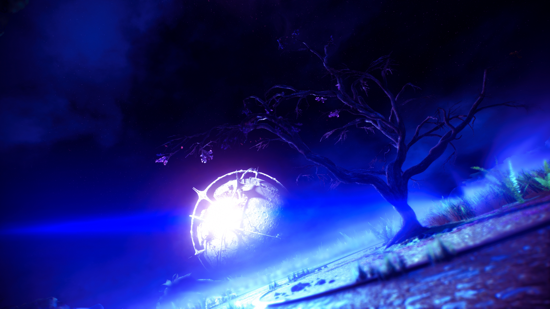 Warframe digital art with a glowing orb and tree HD Wallpaper