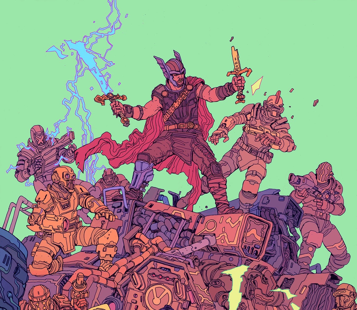 Thor and armored soldiers in a sci-fi battle HD Wallpaper