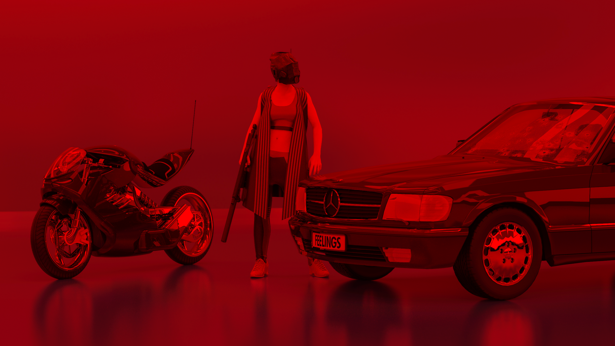 Woman with weapon, Mercedes-Benz, motorcycle HD Wallpaper