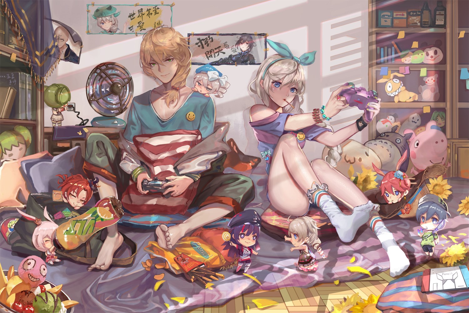 Anime characters playing video games with plush toys HD Wallpaper