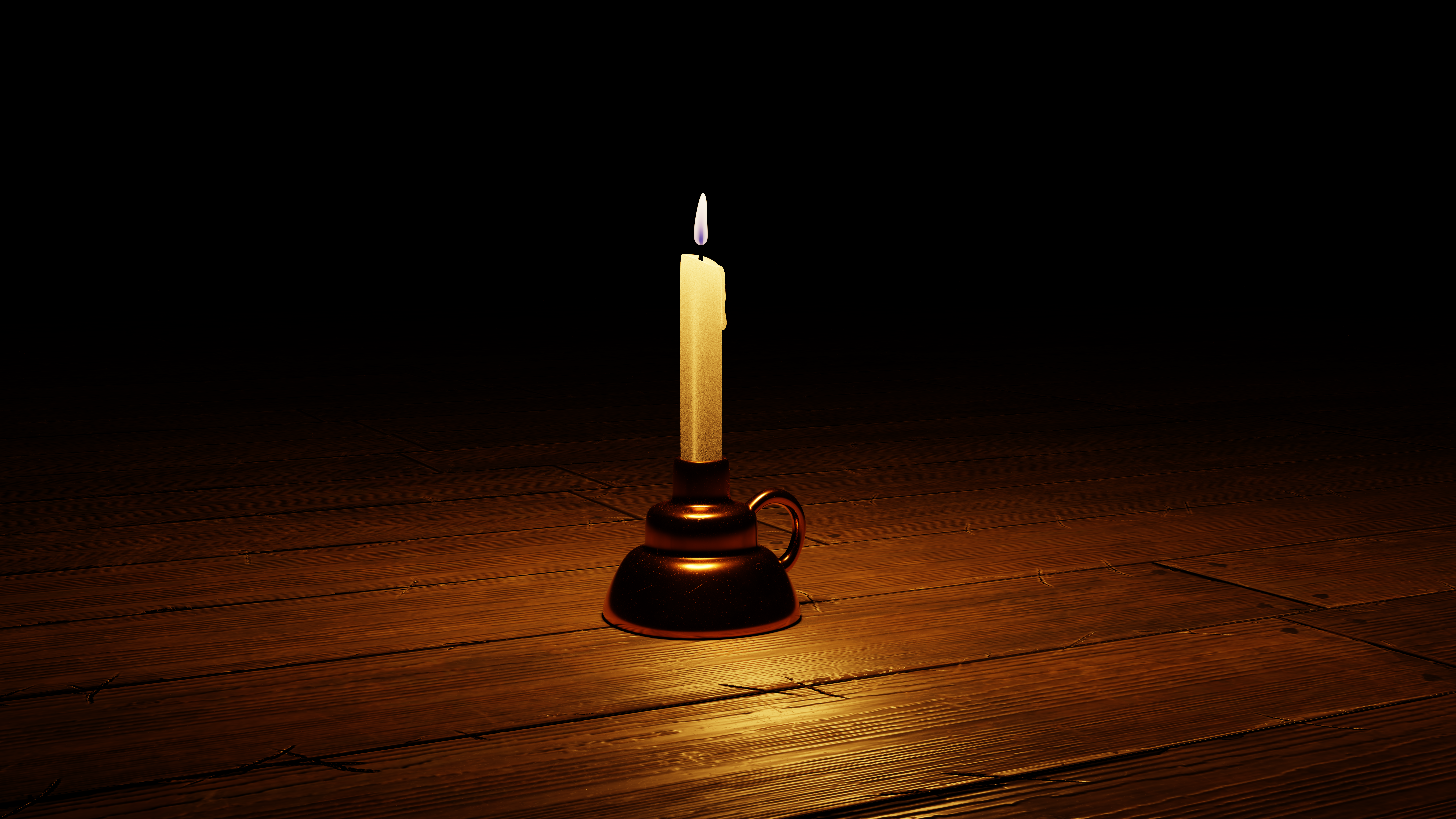 Candle in a candlestick on a wooden surface HD Wallpaper