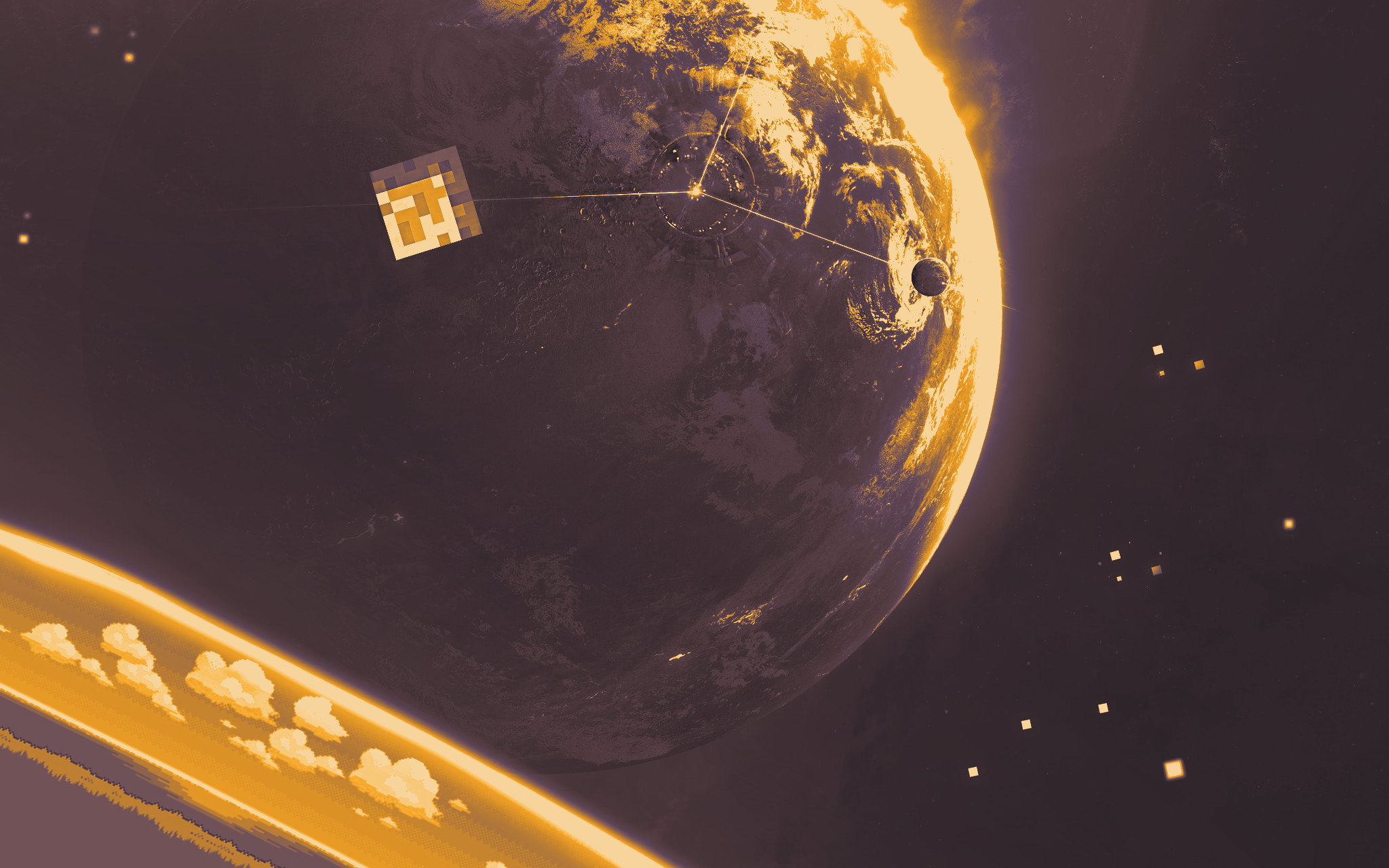Pixelated satellite orbiting a planet in space HD Wallpaper
