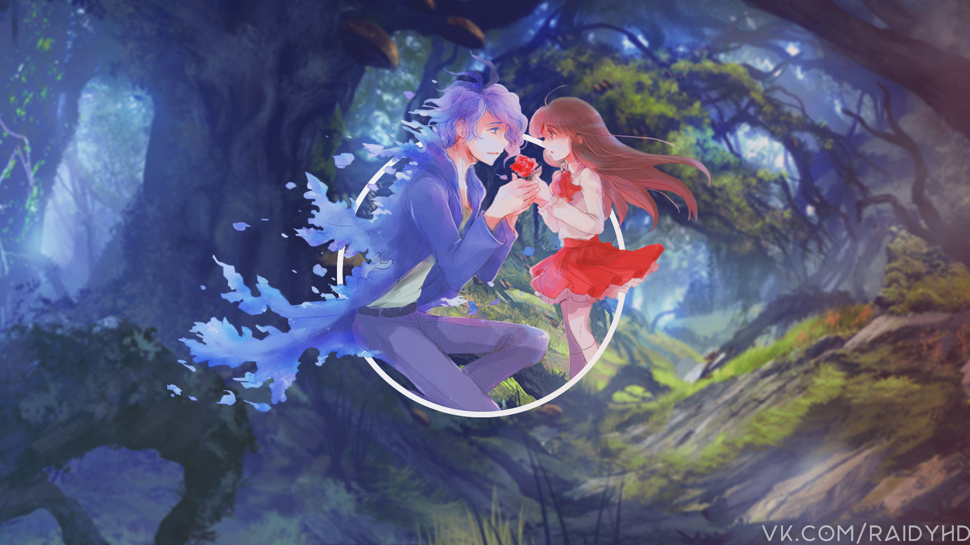 Anime couple in a magical forest with a rose HD Wallpaper