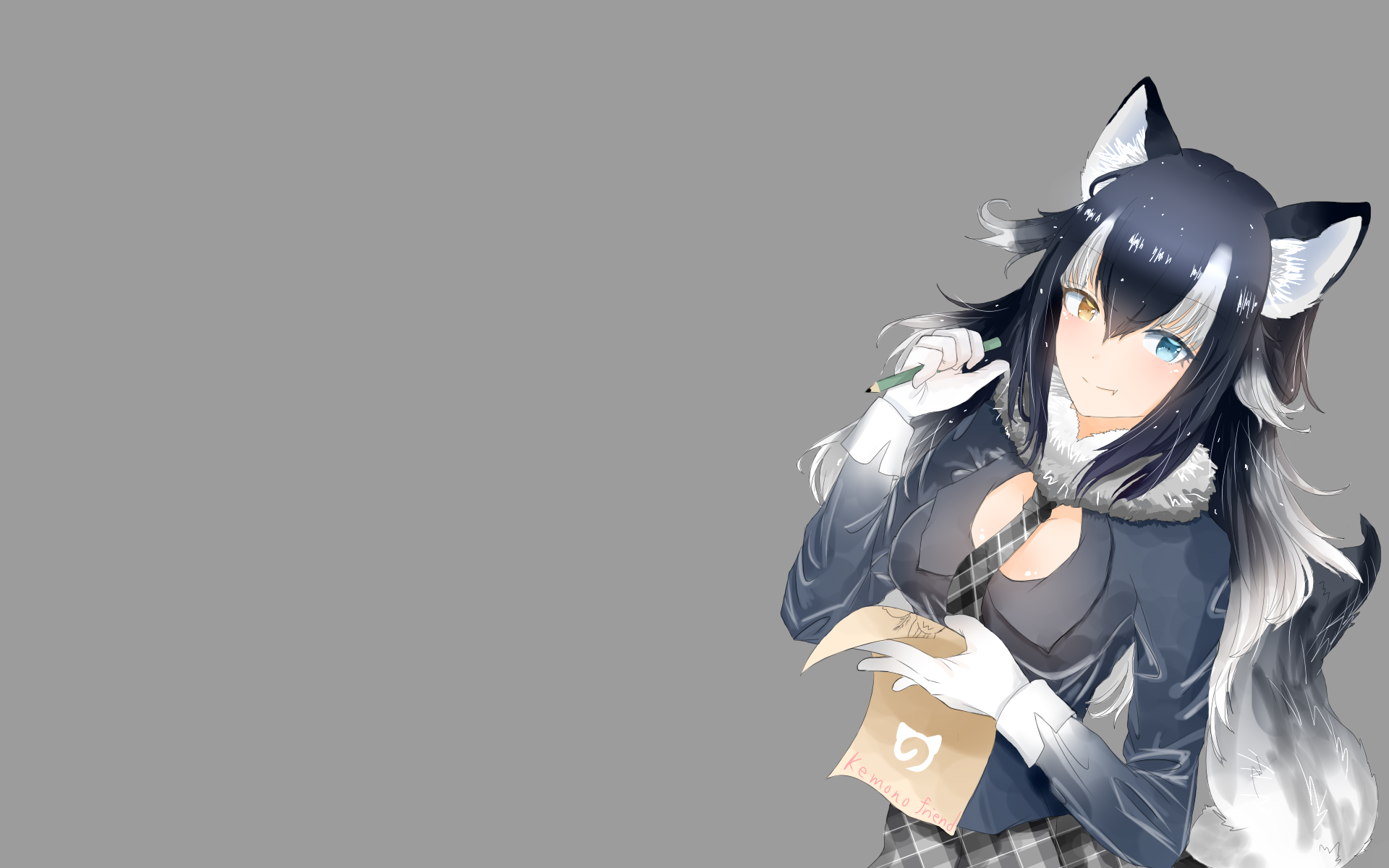 Anime girl with wolf ears and tail holding a pencil HD Wallpaper