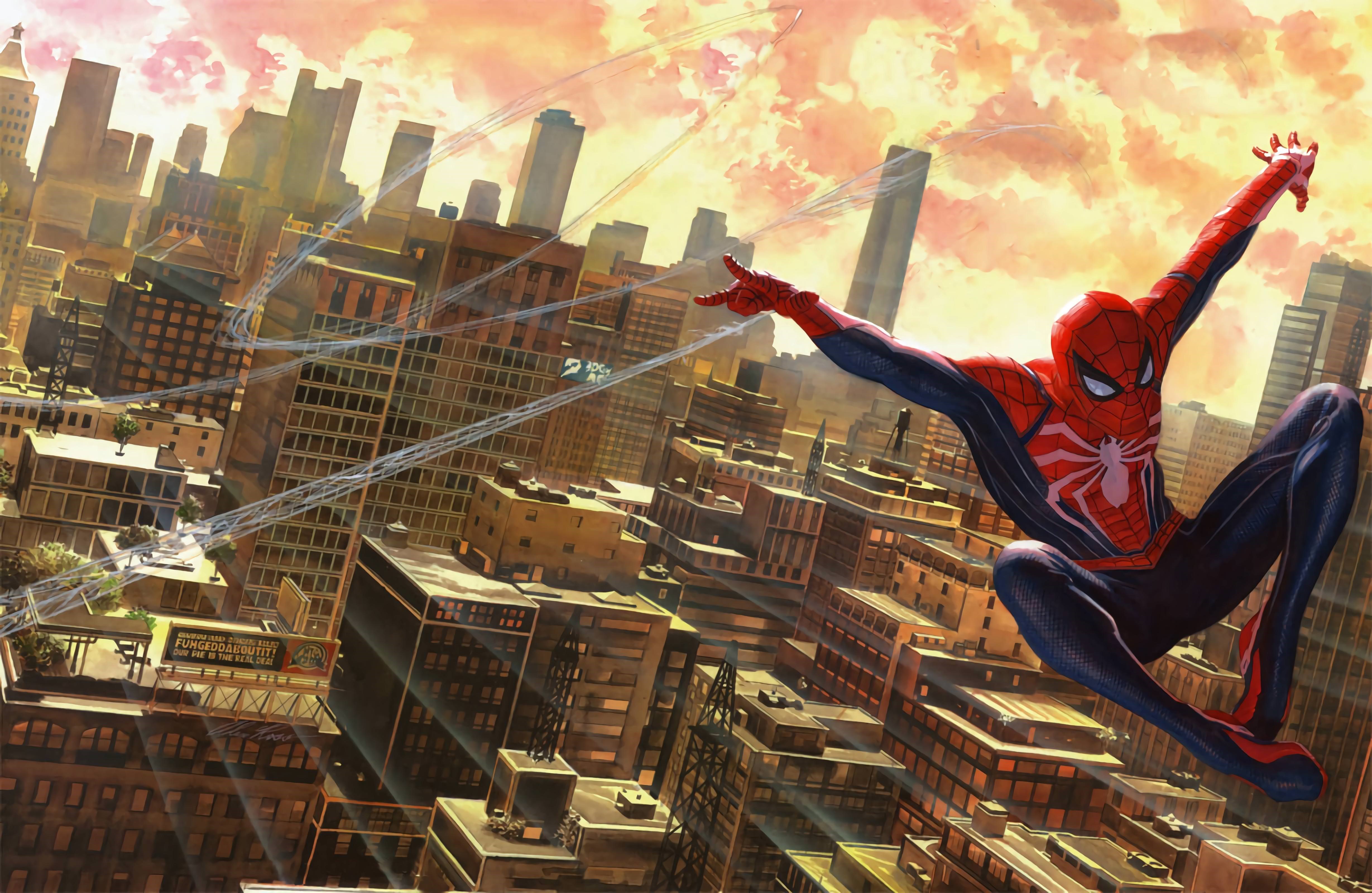 Spider-Man from Marvel Comics swinging through New York City HD Wallpaper