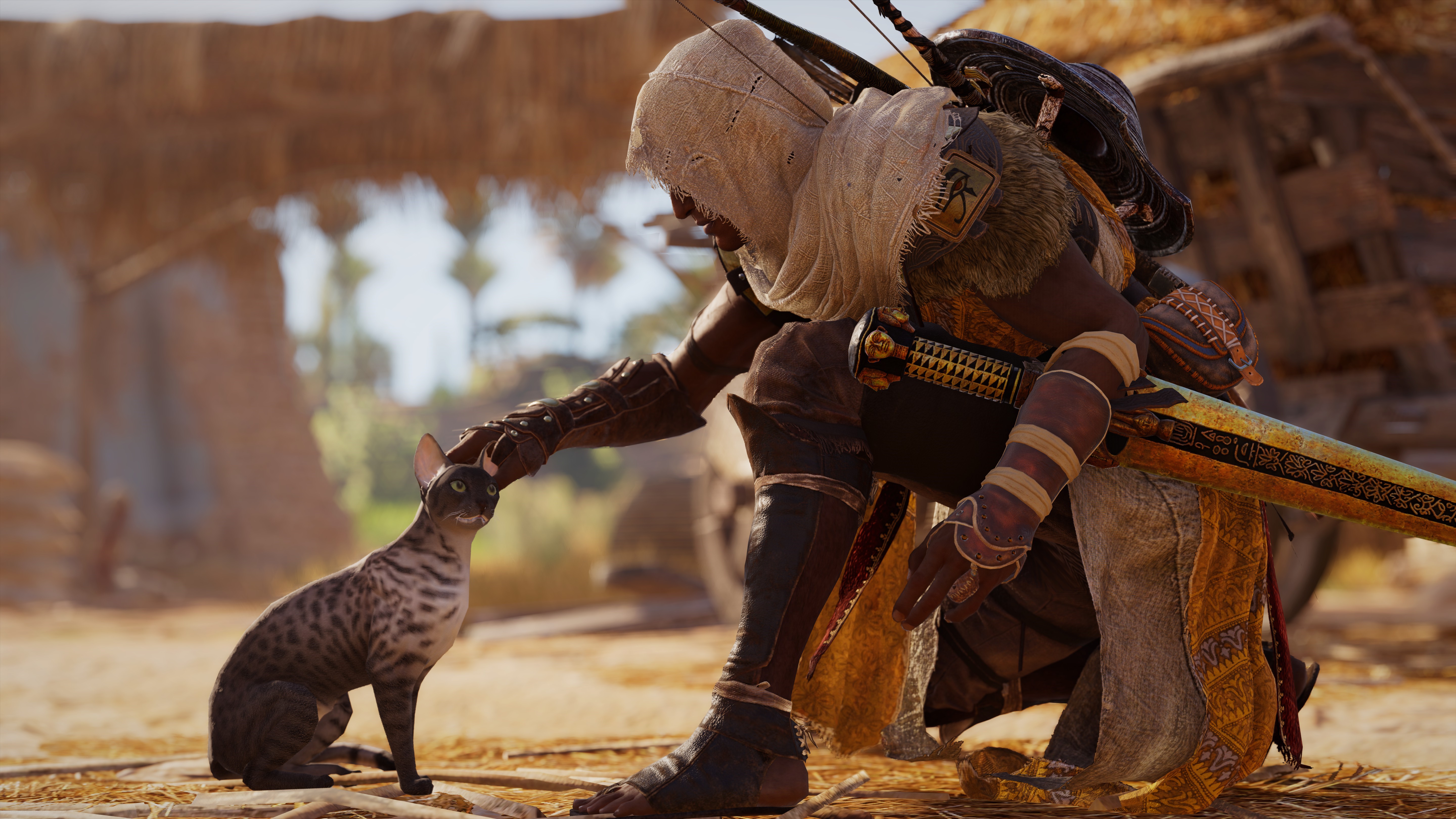 Bayek from Assassin's Creed: Origins petting a cat HD Wallpaper