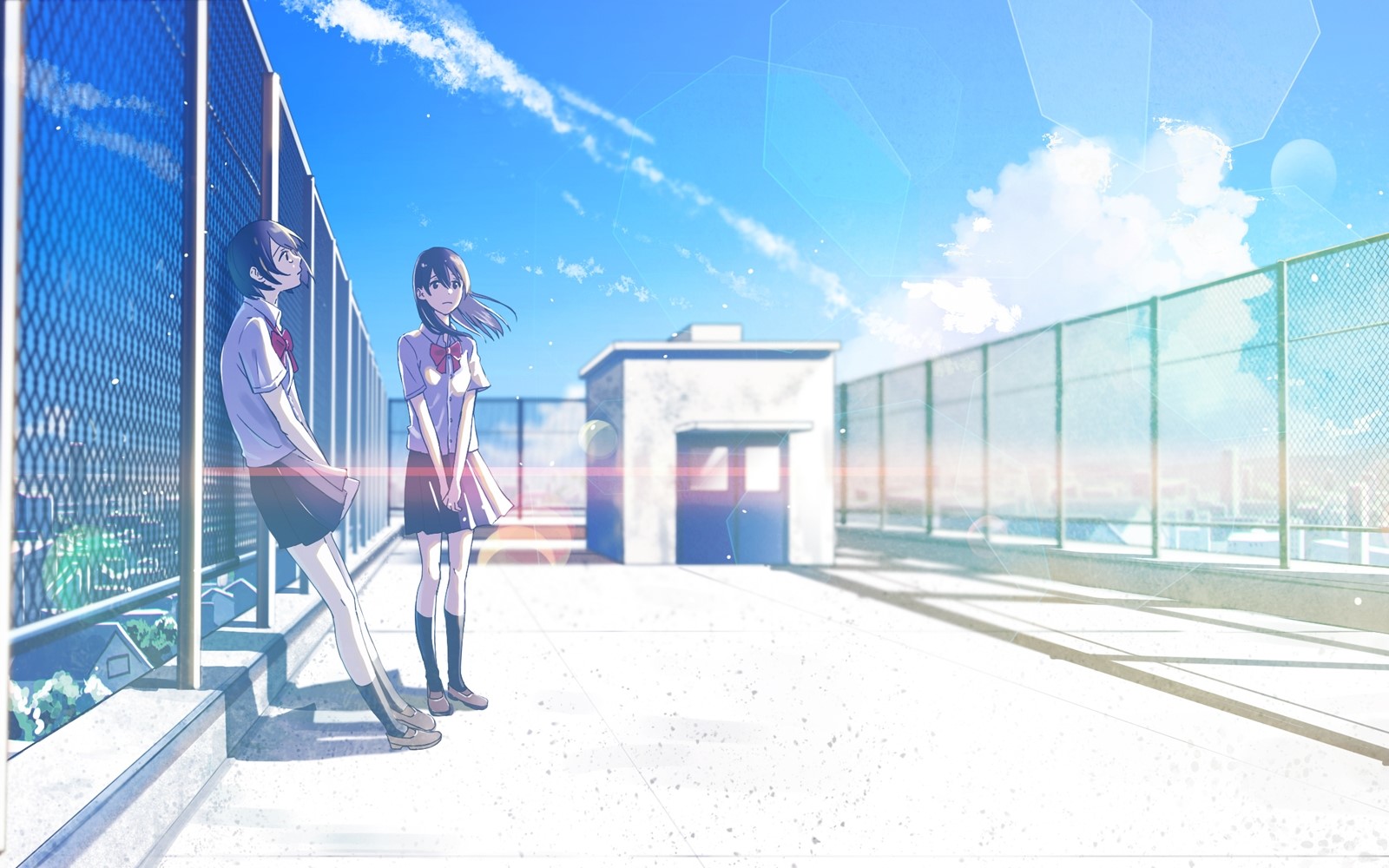 Two schoolgirls on a rooftop under a blue sky HD Wallpaper