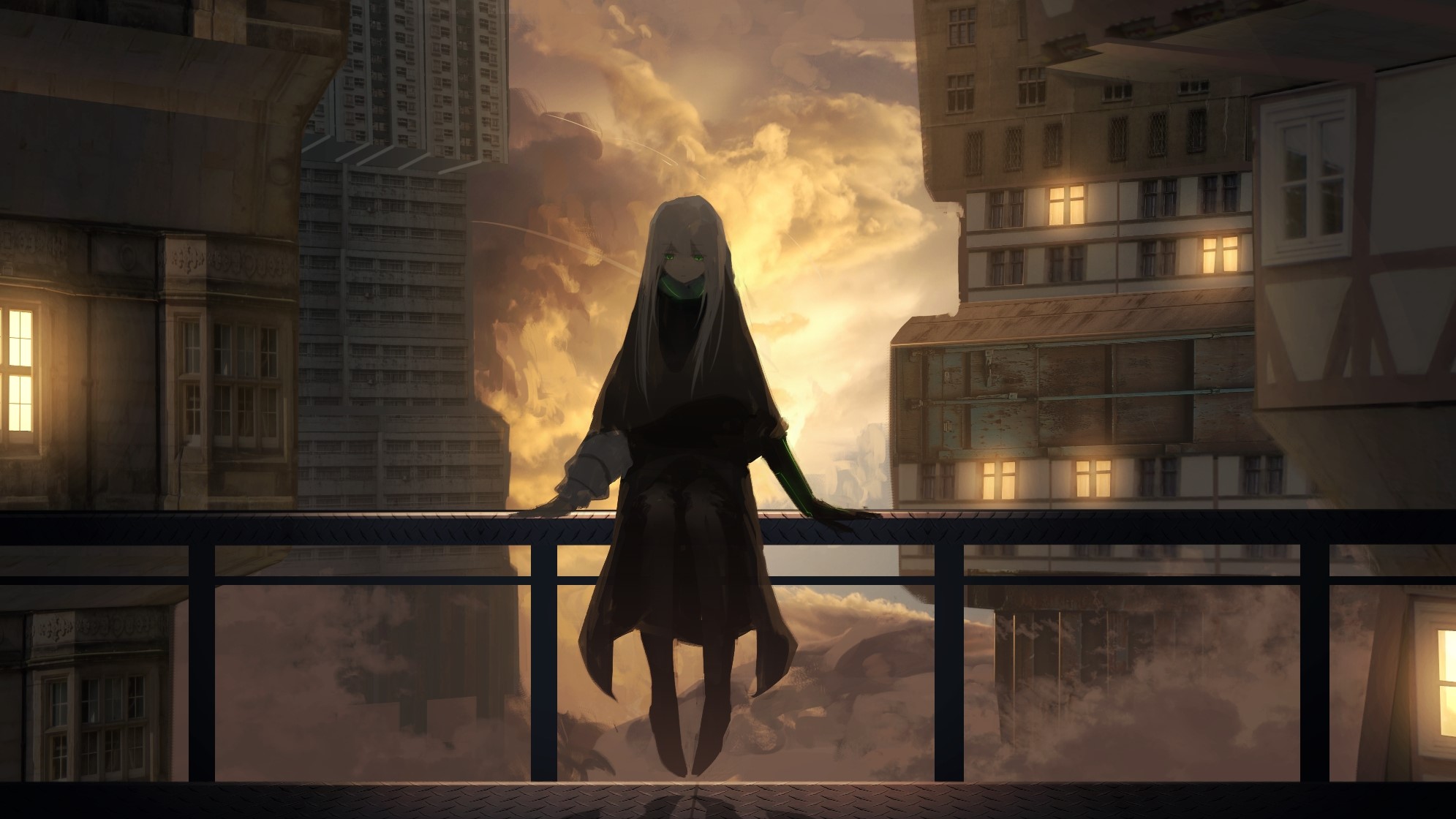 Girl sitting on a bridge with buildings and clouds HD Wallpaper