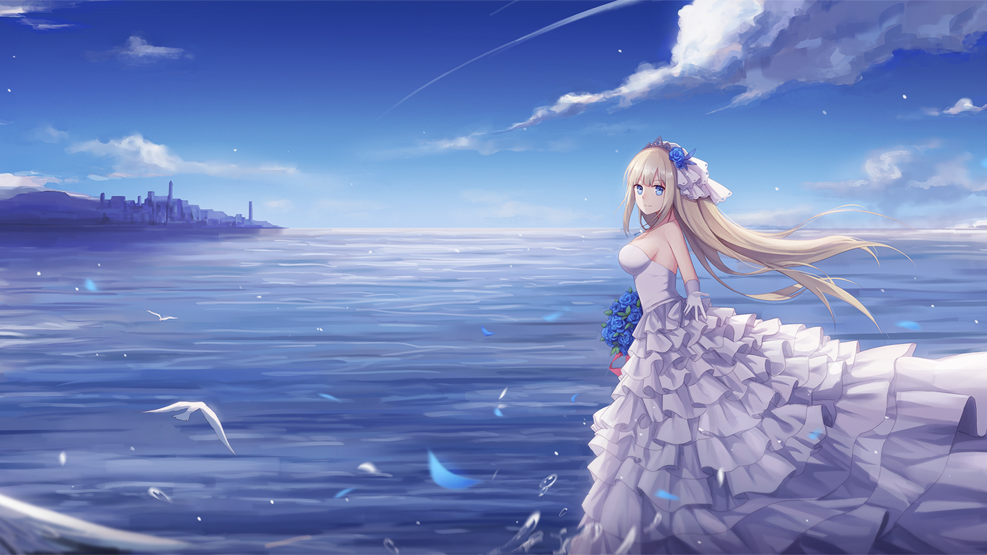 Lexington from Warship Girls in a wedding dress by the sea HD Wallpaper