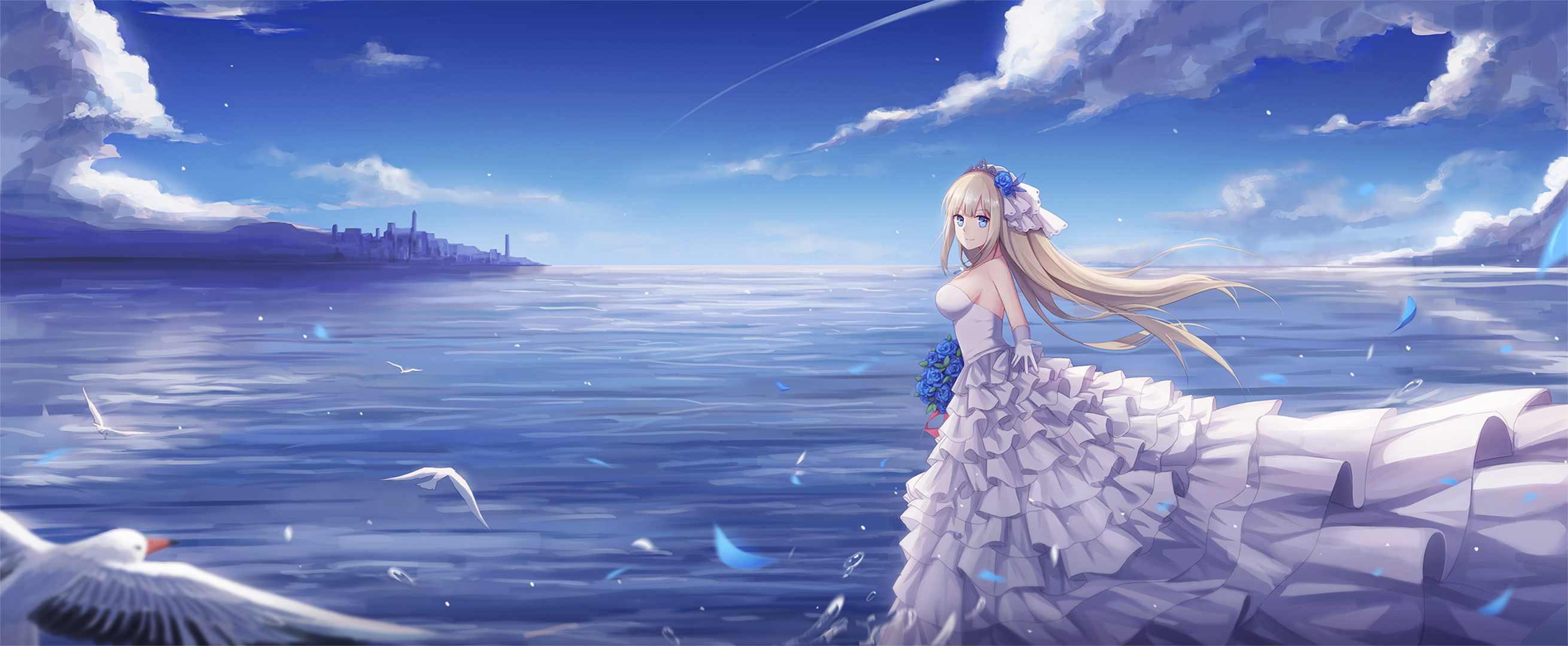 Lexington from Warship Girls in a wedding dress by the sea HD Wallpaper