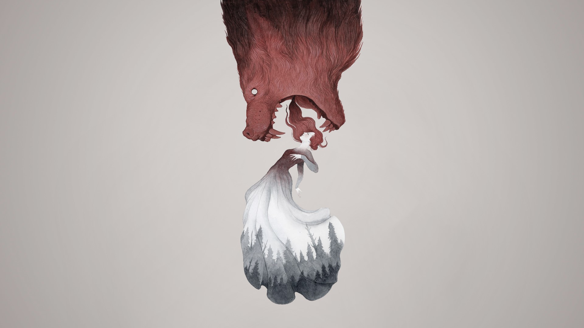 Illustration of a creature and a woman with a forest dress HD Wallpaper