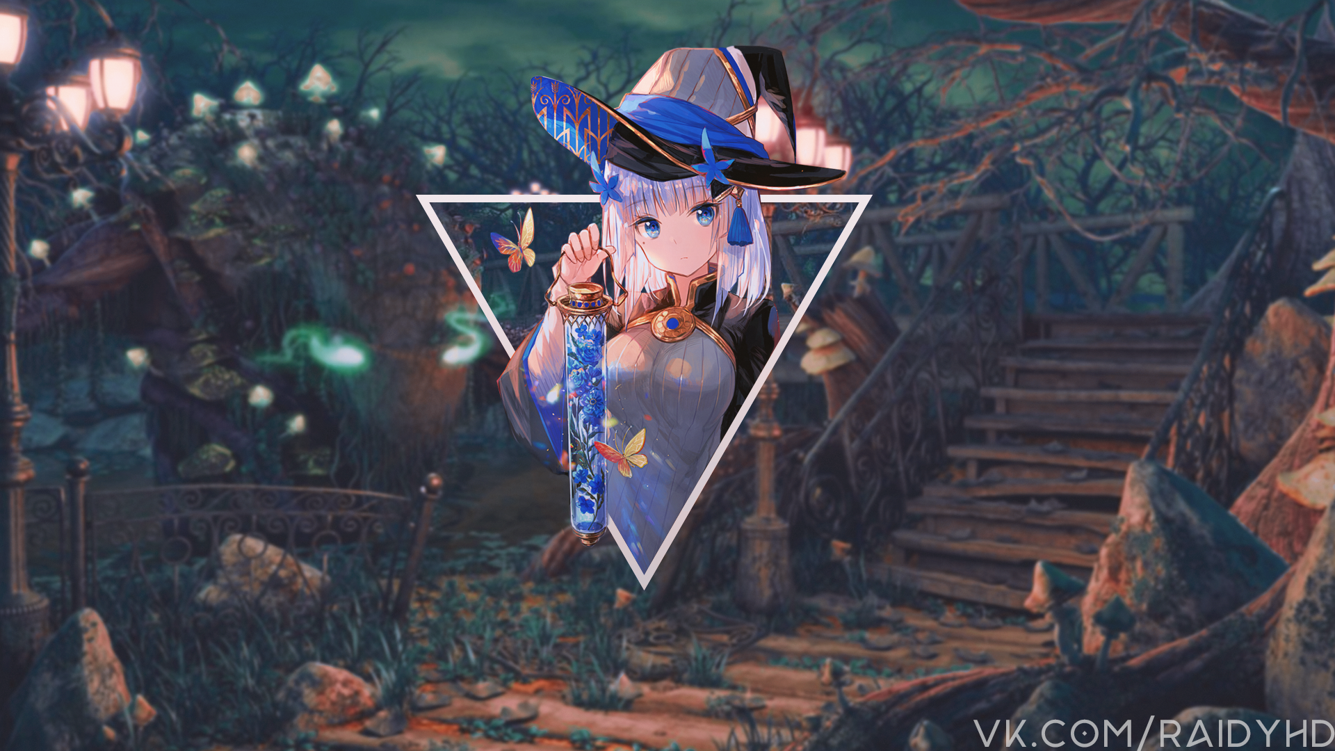 Anime girl in witch hat holding a potion bottle HD Wallpaper