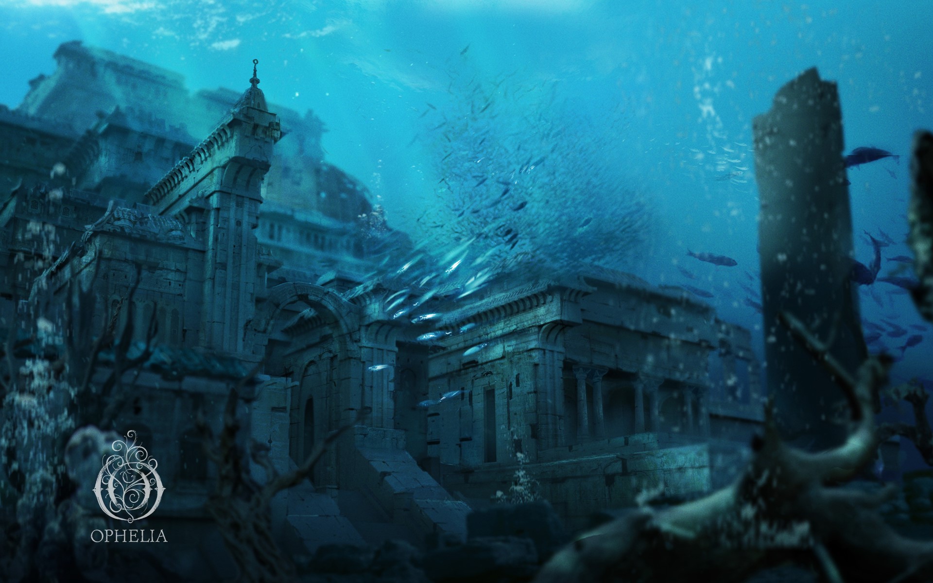 Underwater ruins with a school of fish HD Wallpaper