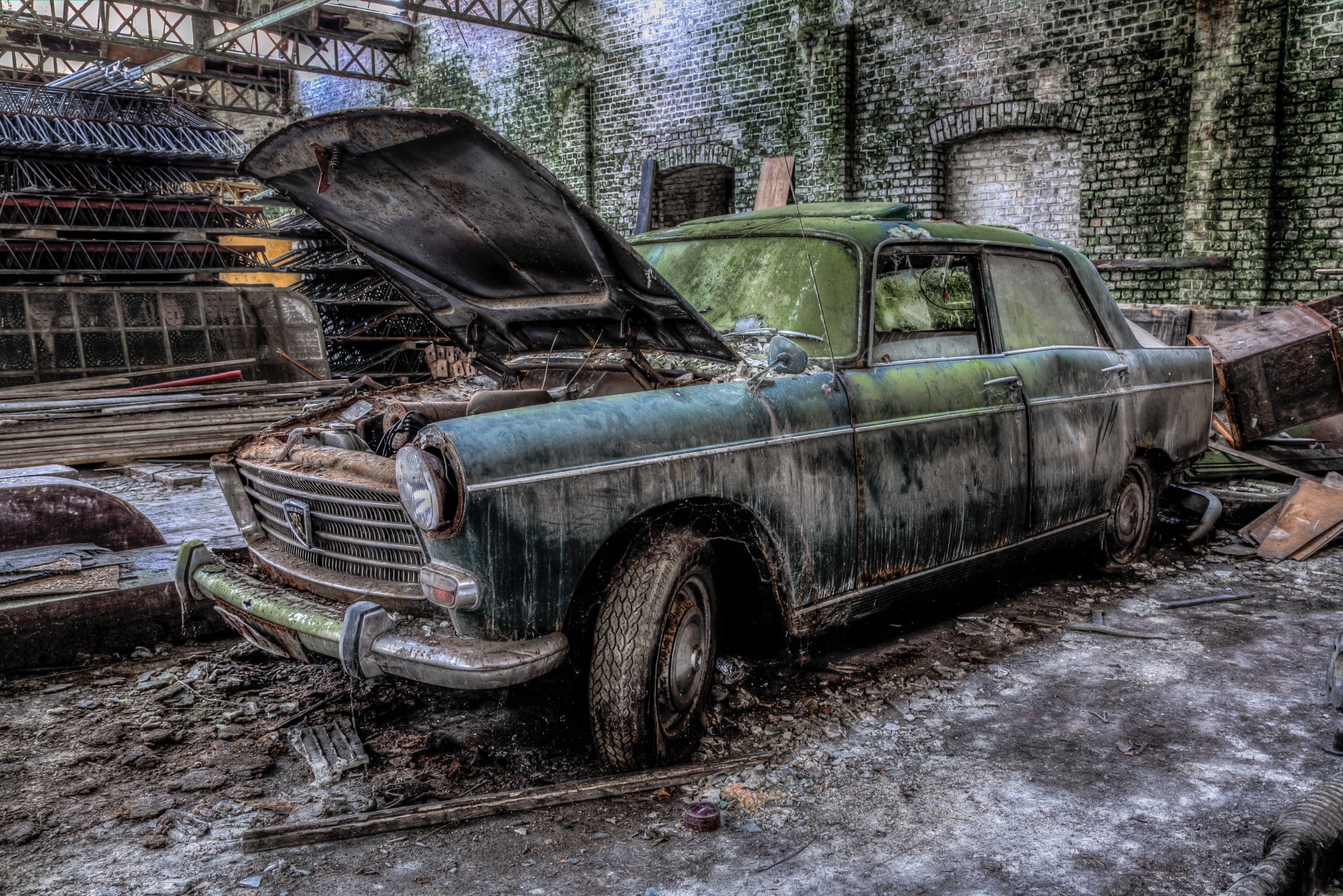 Abandoned Peugeot 404 car in a derelict building HD Wallpaper