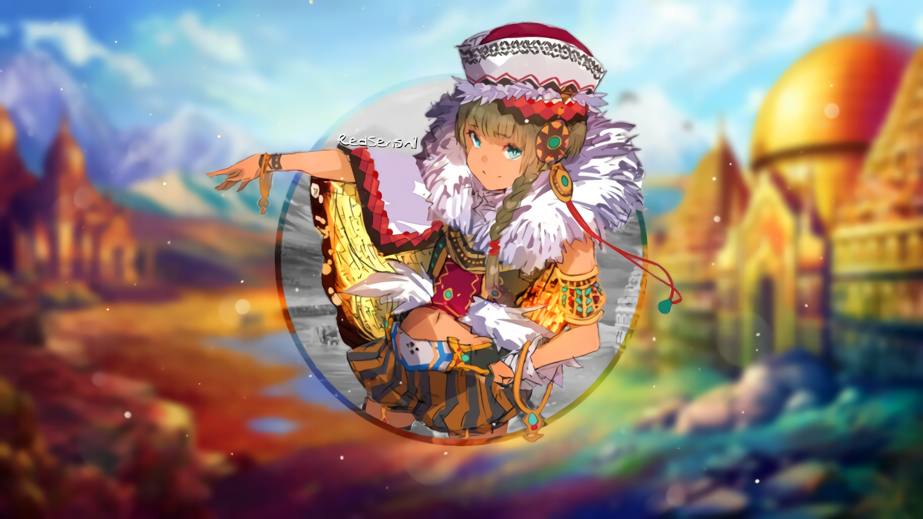 Anime girl in traditional attire with ornate background HD Wallpaper