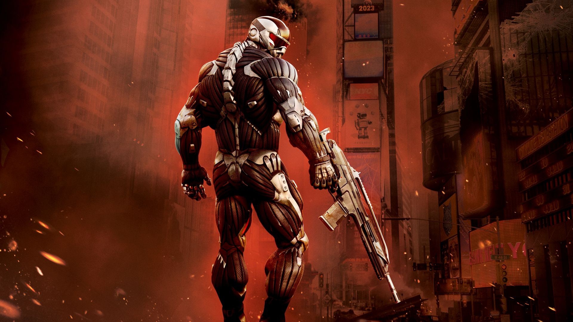Crysis 2 Nanosuit Soldier with Rifle in City HD Wallpaper