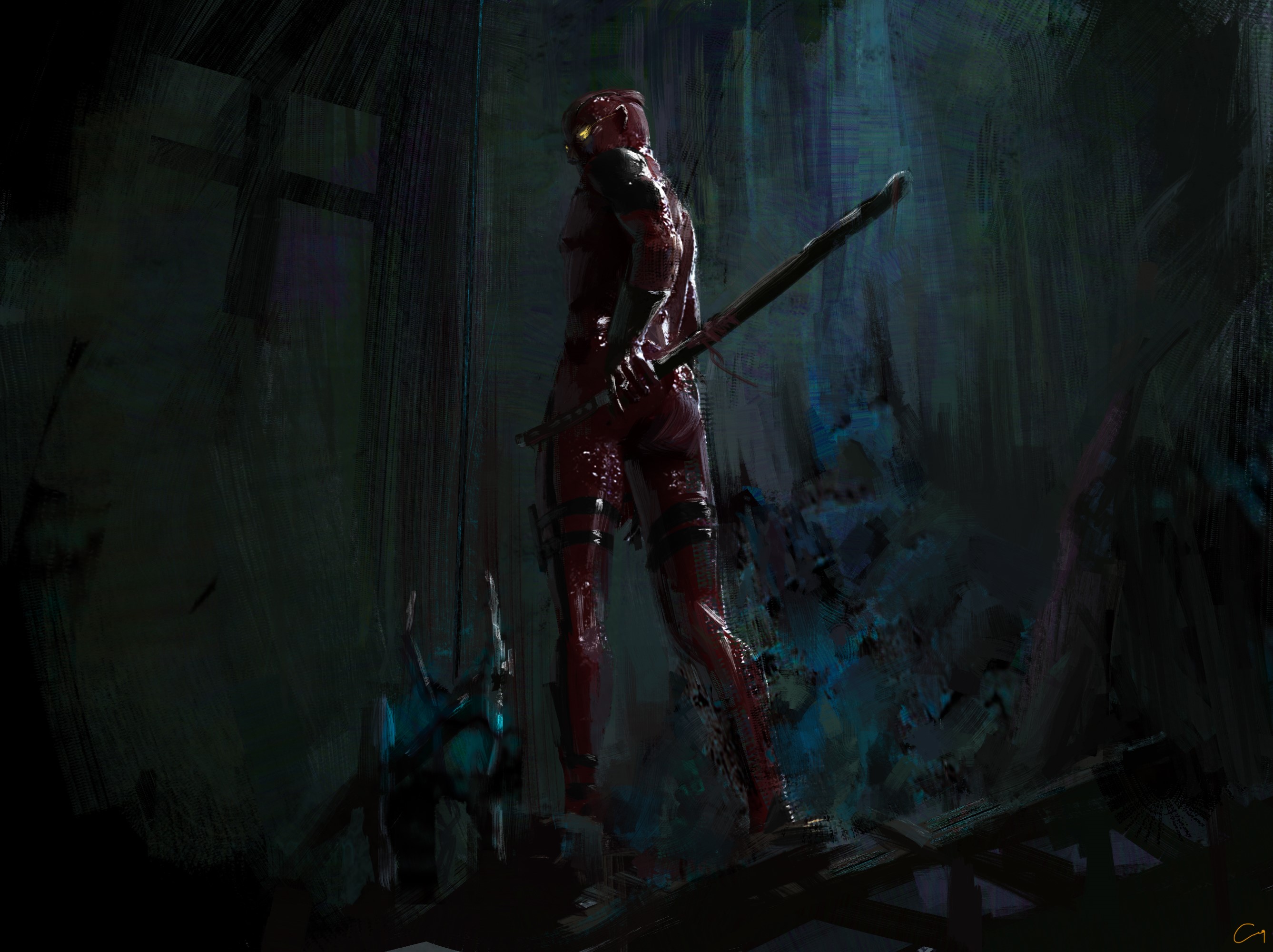 Deadpool with sword in dark environment HD Wallpaper