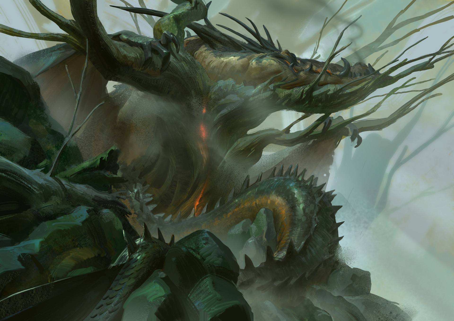 Dragon entwined with trees in a misty environment HD Wallpaper