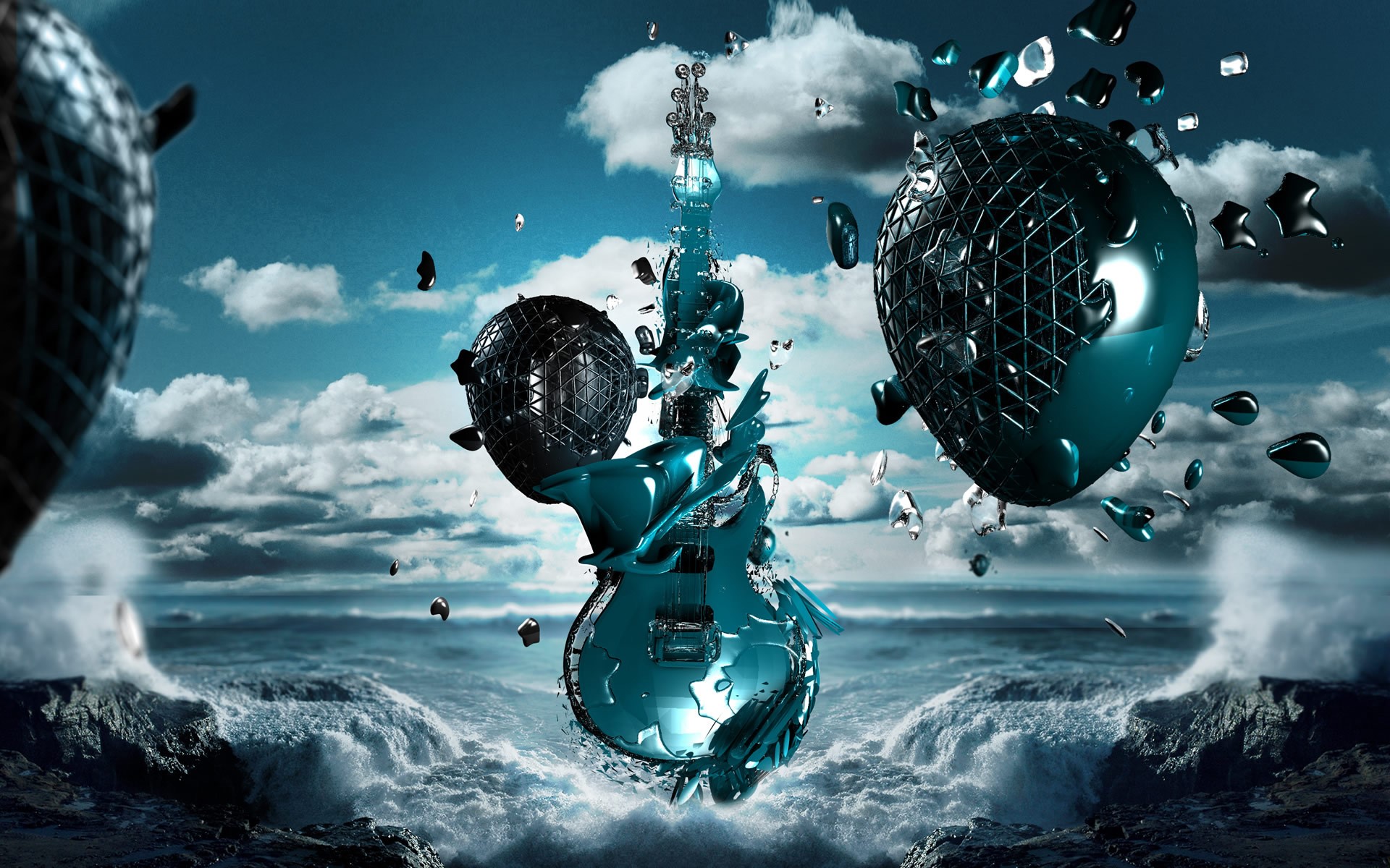 Abstract guitar exploding over stormy sea and sky HD Wallpaper