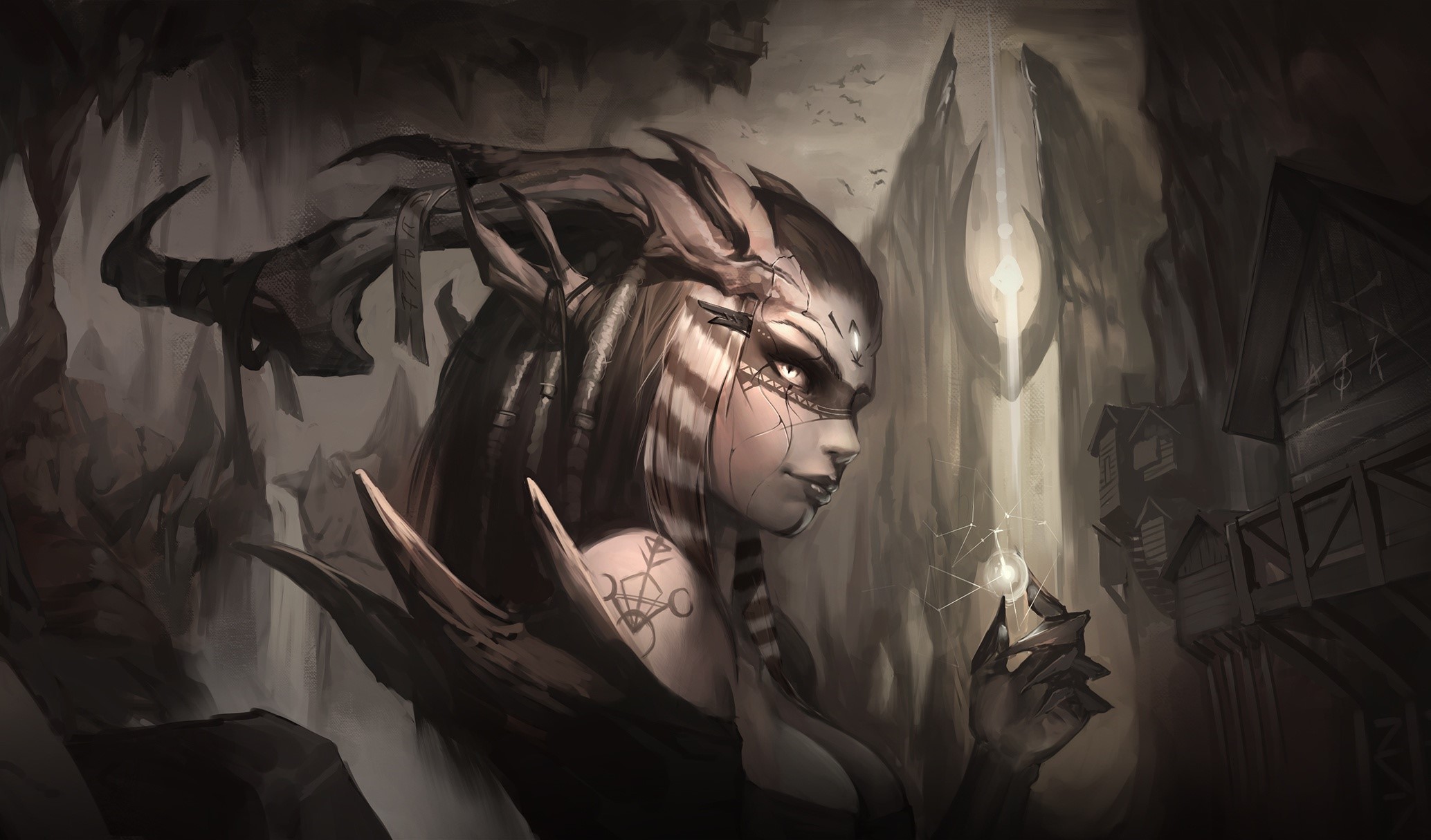 Demon girl with horns in a dark cave HD Wallpaper