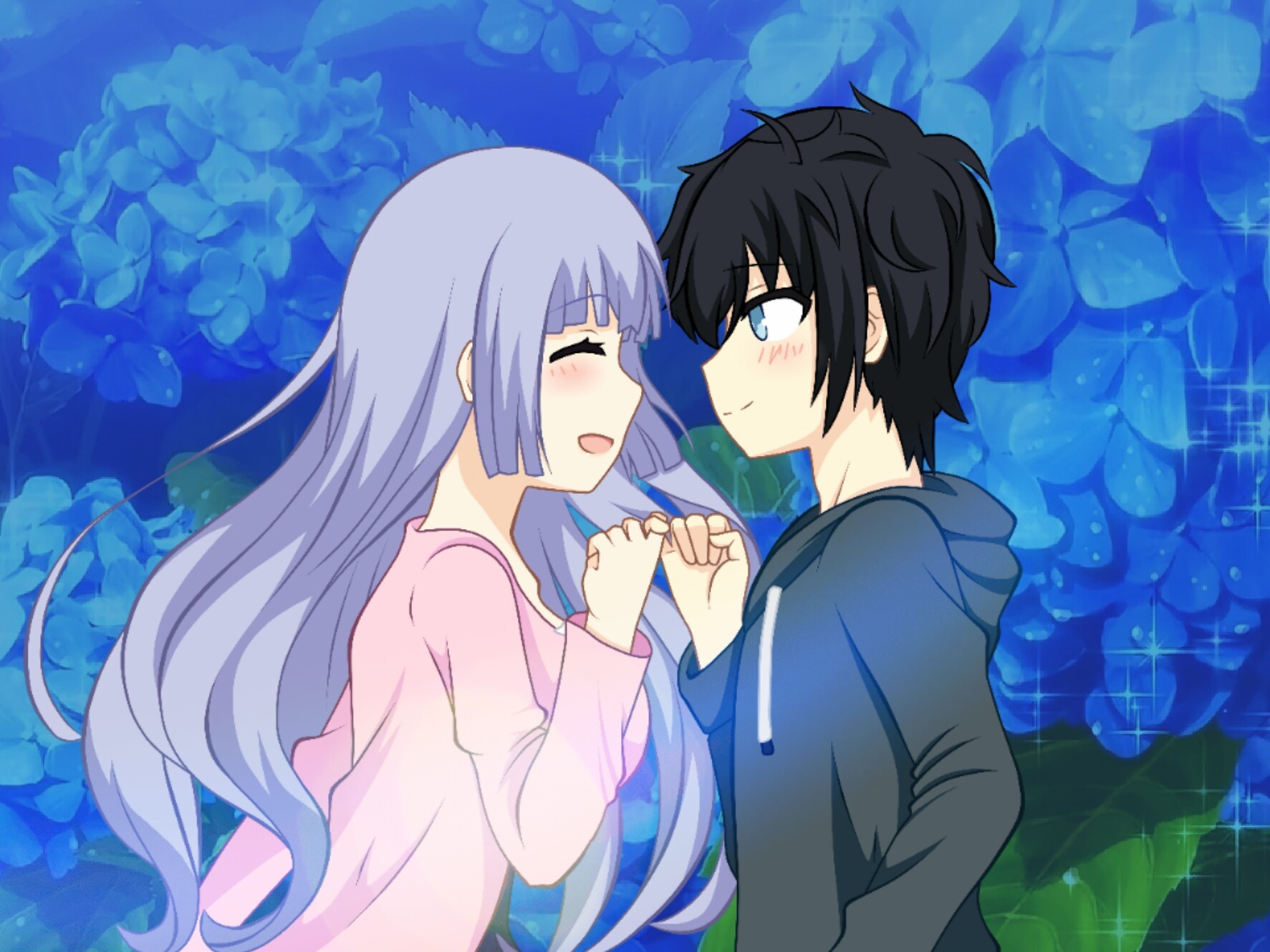 Two anime characters holding hands with blue flowers background HD Wallpaper