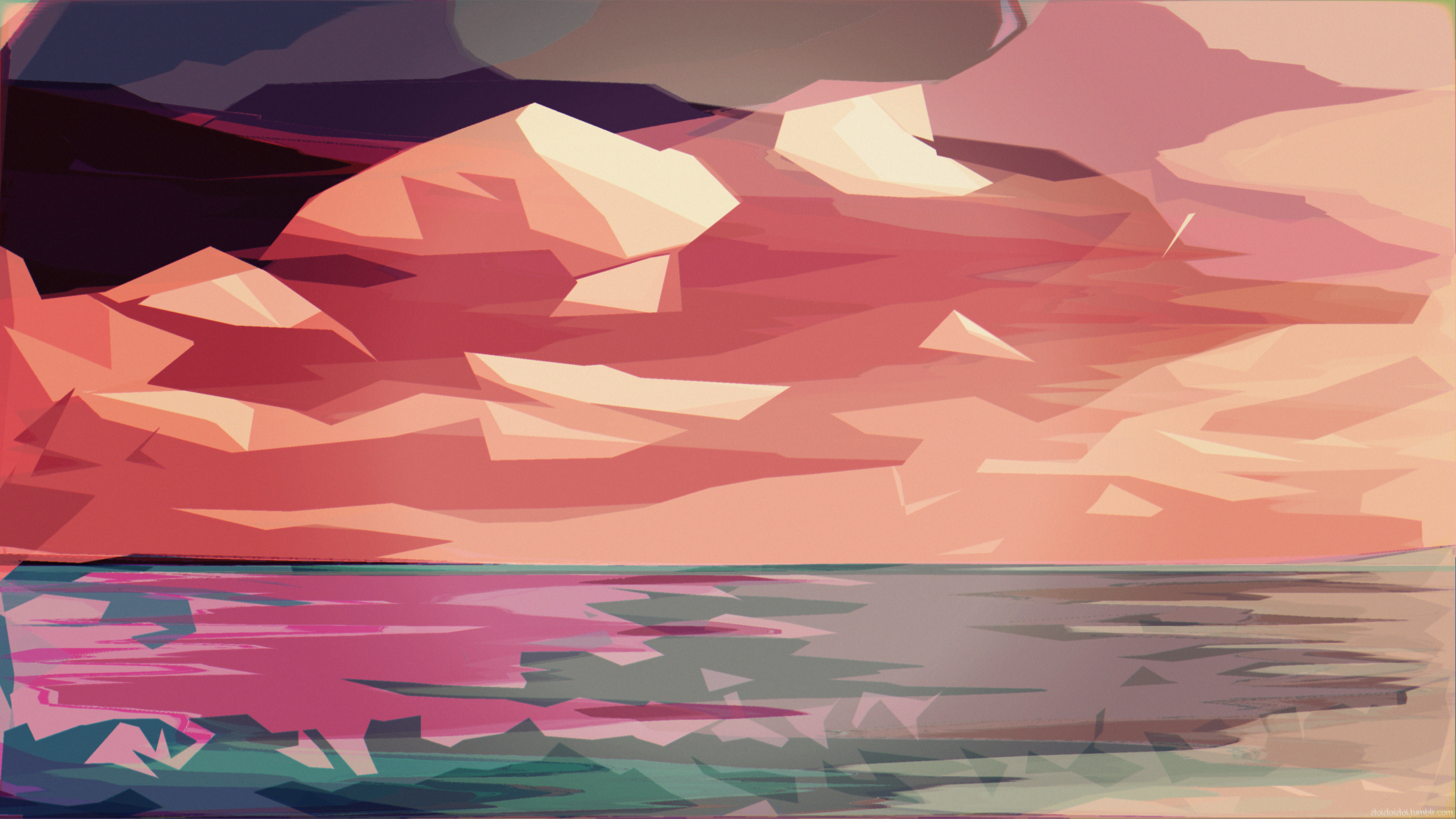 4K abstract polygon art sunset over sea HD Wallpaper