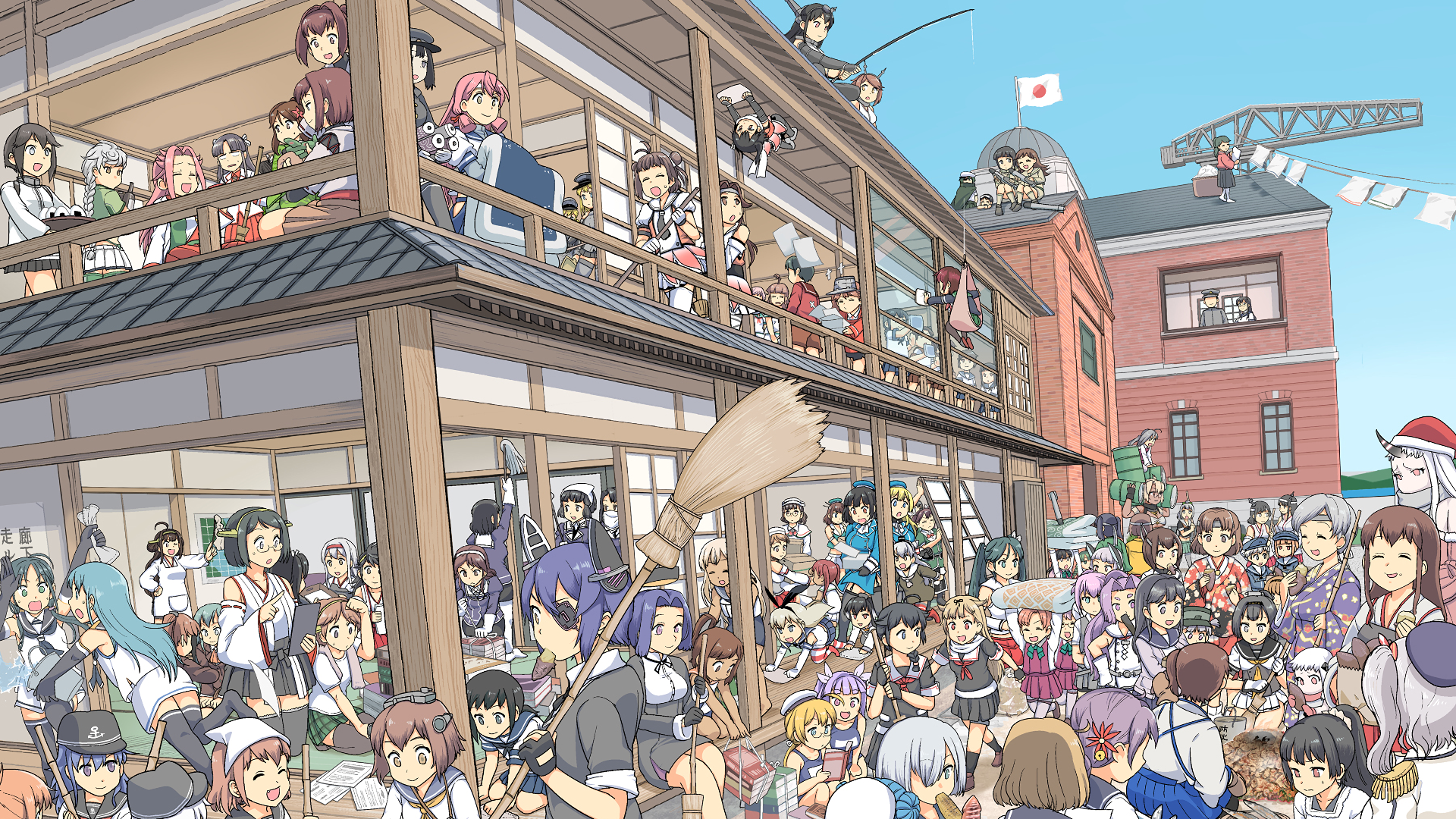 Kantai Collection characters in a bustling town HD Wallpaper